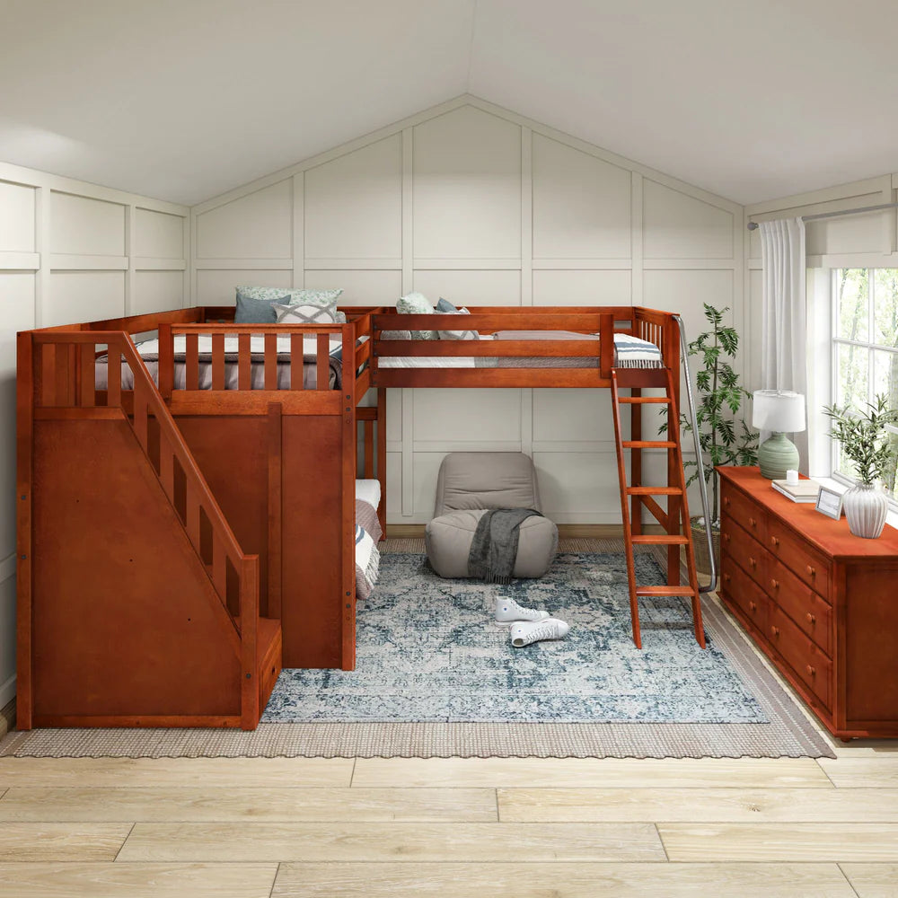 High Corner Triple Loft Bunk Bed with Stairs - Tots to Teens Furniture