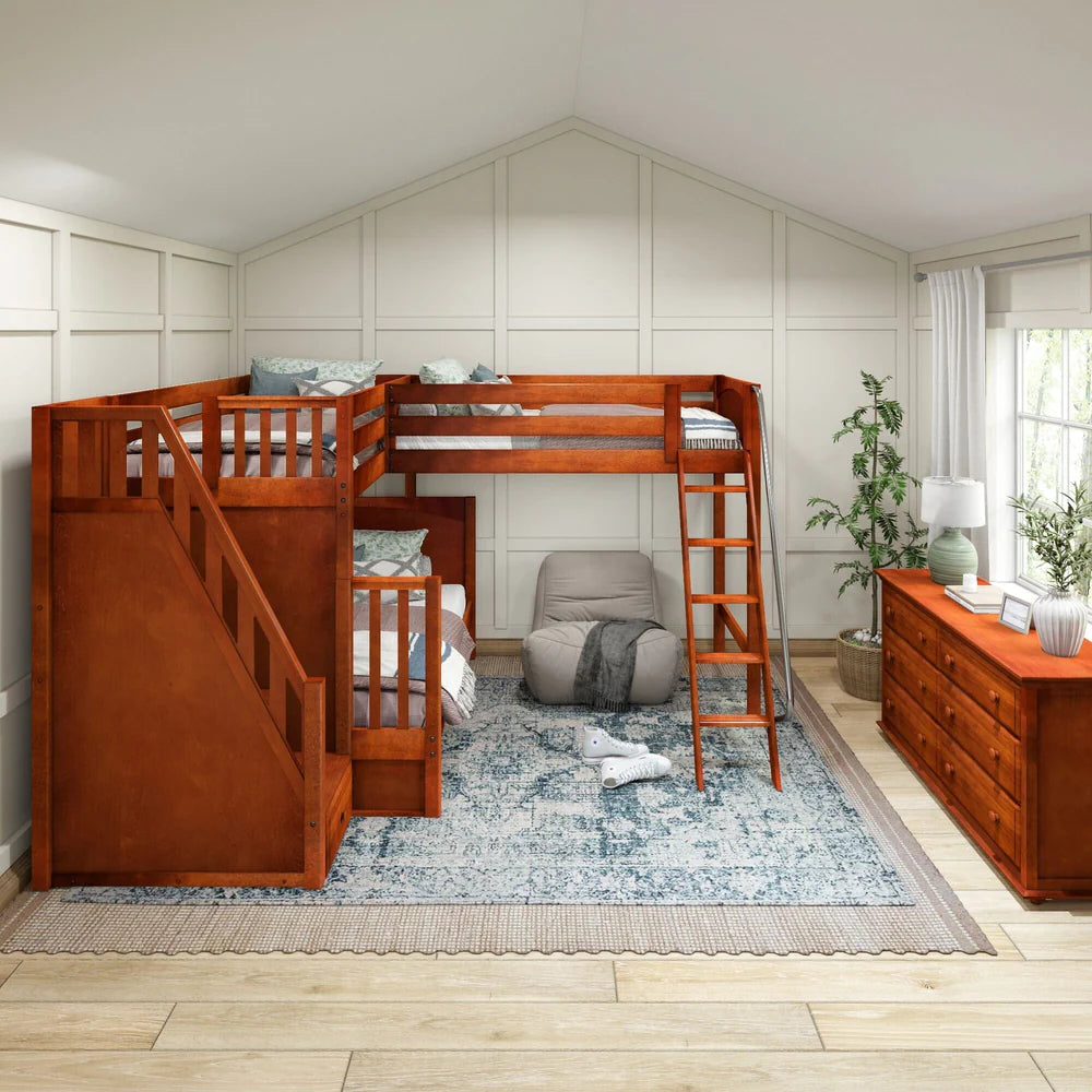 High Corner Triple Loft Bunk Bed with Stairs - Tots to Teens Furniture