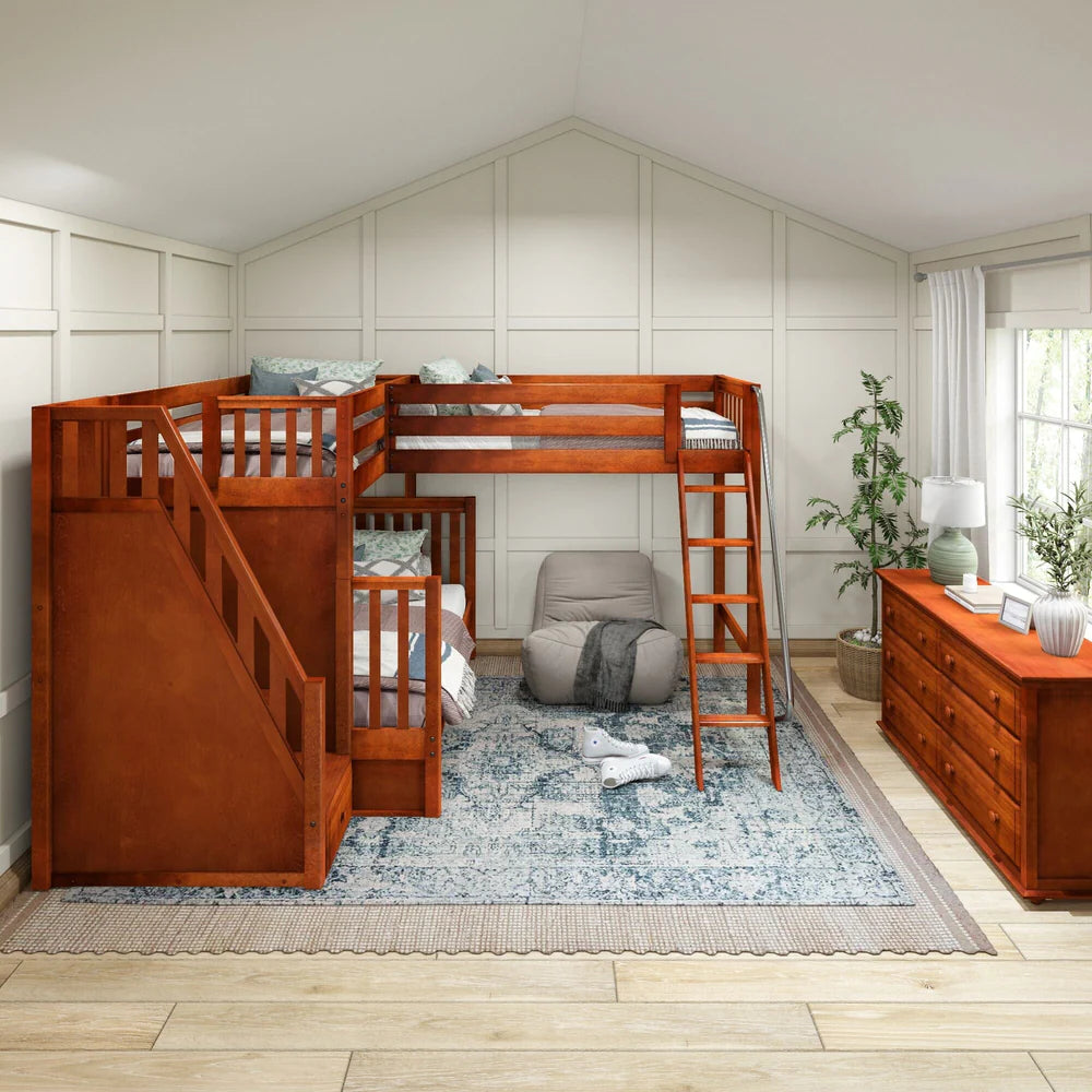 High Corner Triple Loft Bunk Bed with Stairs - Tots to Teens Furniture