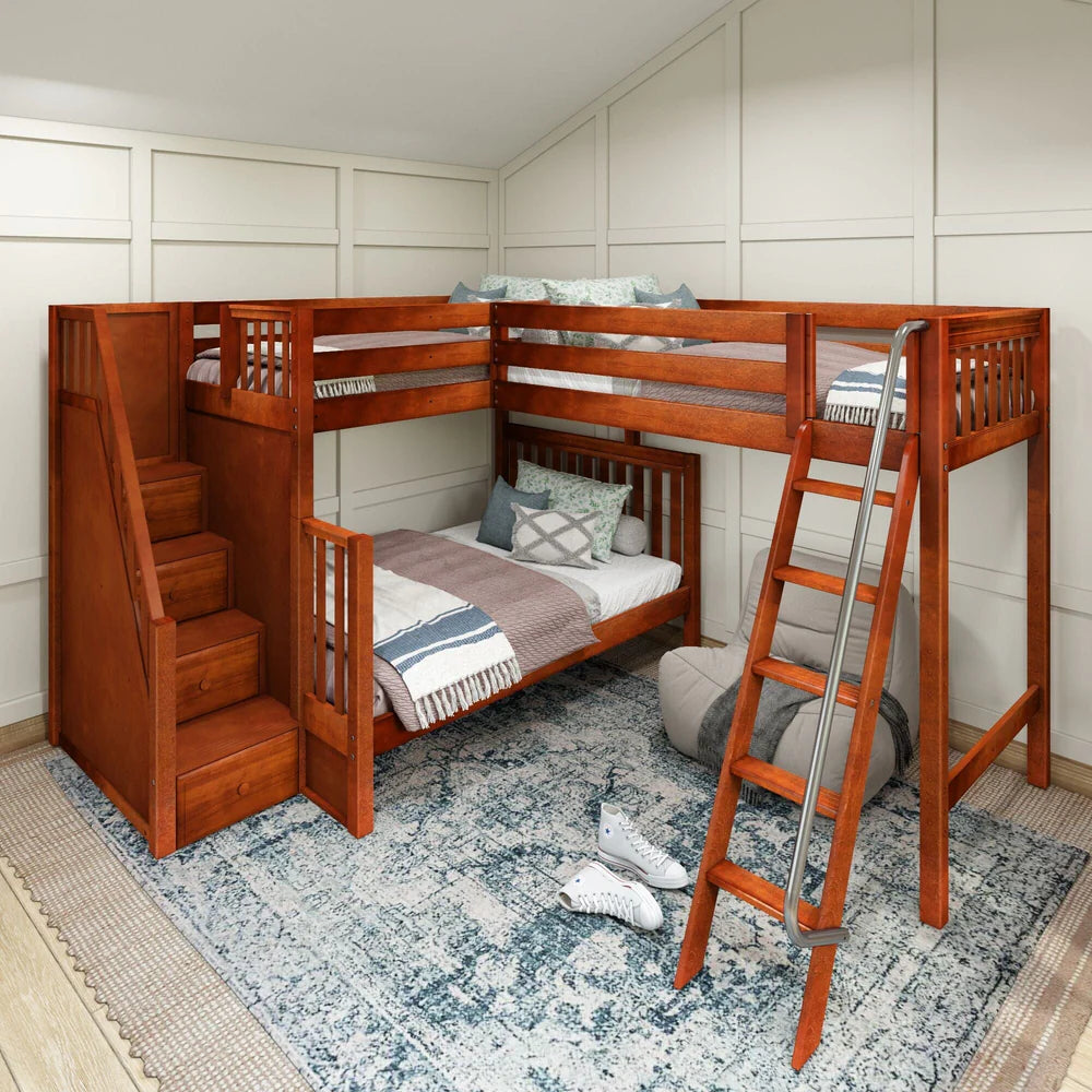 High Corner Triple Loft Bunk Bed with Stairs - Tots to Teens Furniture