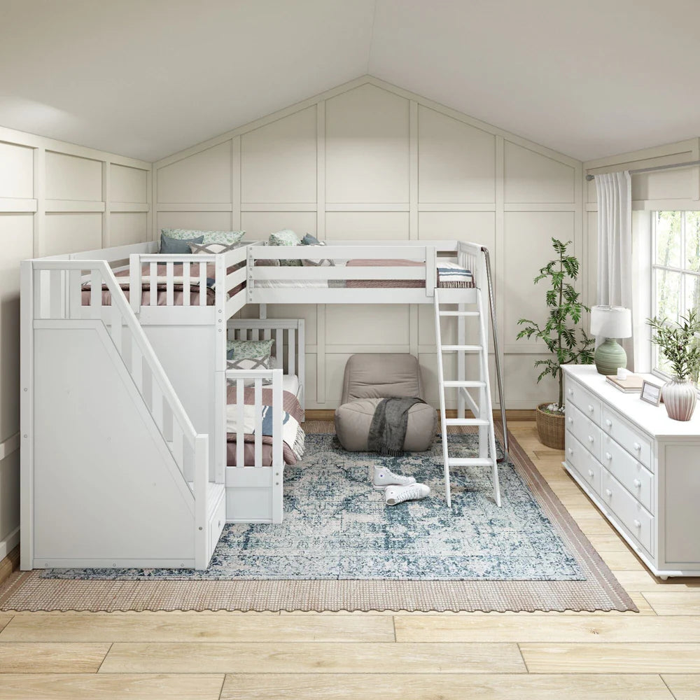 High Corner Triple Loft Bunk Bed with Stairs - Tots to Teens Furniture