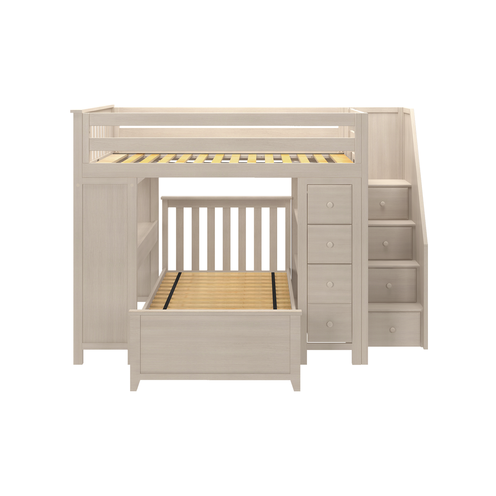 Buxton 4 - Full High Loft w/ Staircase, Dresser-Bookcase, Double-Drawer Desk & Twin Bed - Tots to Teens Furniture