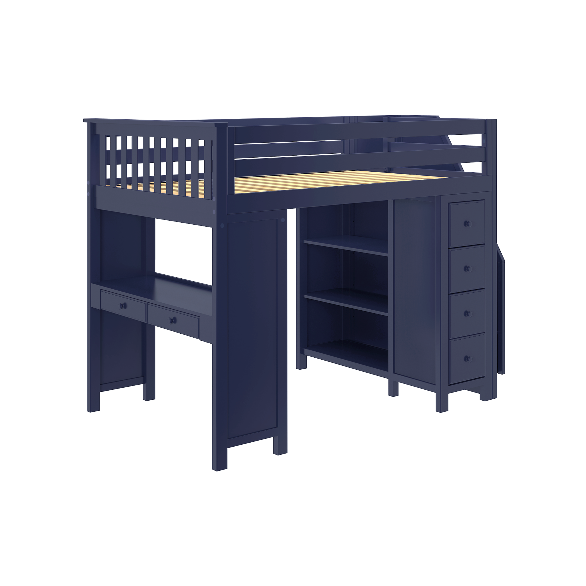 Buxton 3 - Full High Loft w/ Staircase, Dresser-Bookcase & Double-Drawer Desk - Tots to Teens Furniture
