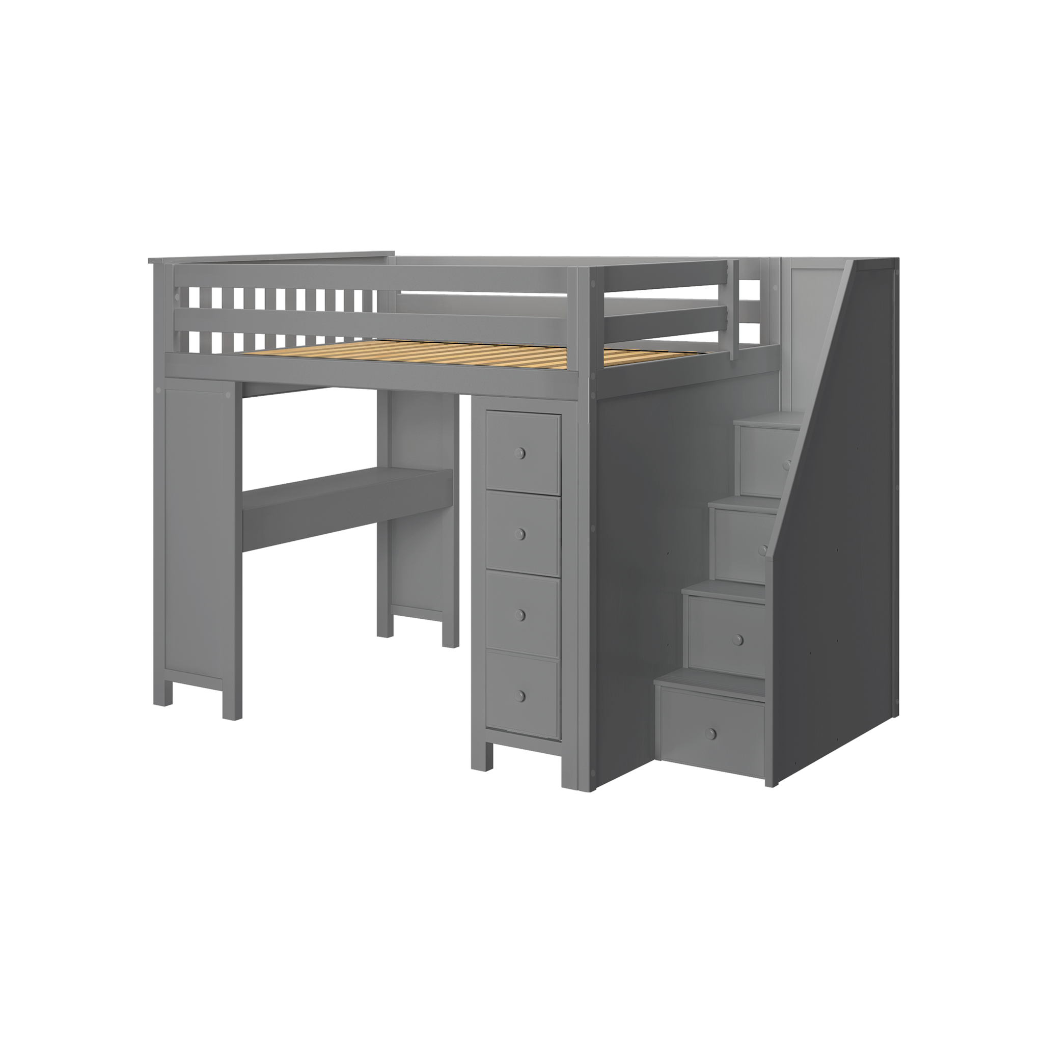 Buxton 3 - Full High Loft w/ Staircase, Dresser-Bookcase & Double-Drawer Desk - Tots to Teens Furniture