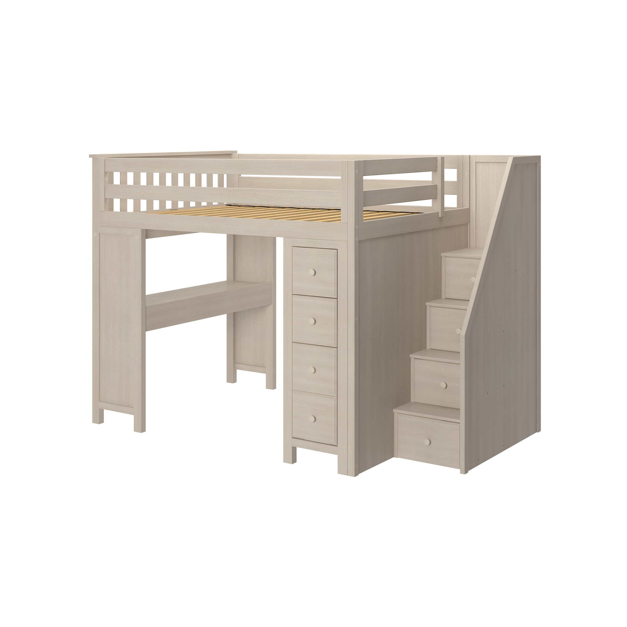 Buxton 3 - Full High Loft w/ Staircase, Dresser-Bookcase & Double-Drawer Desk - Tots to Teens Furniture