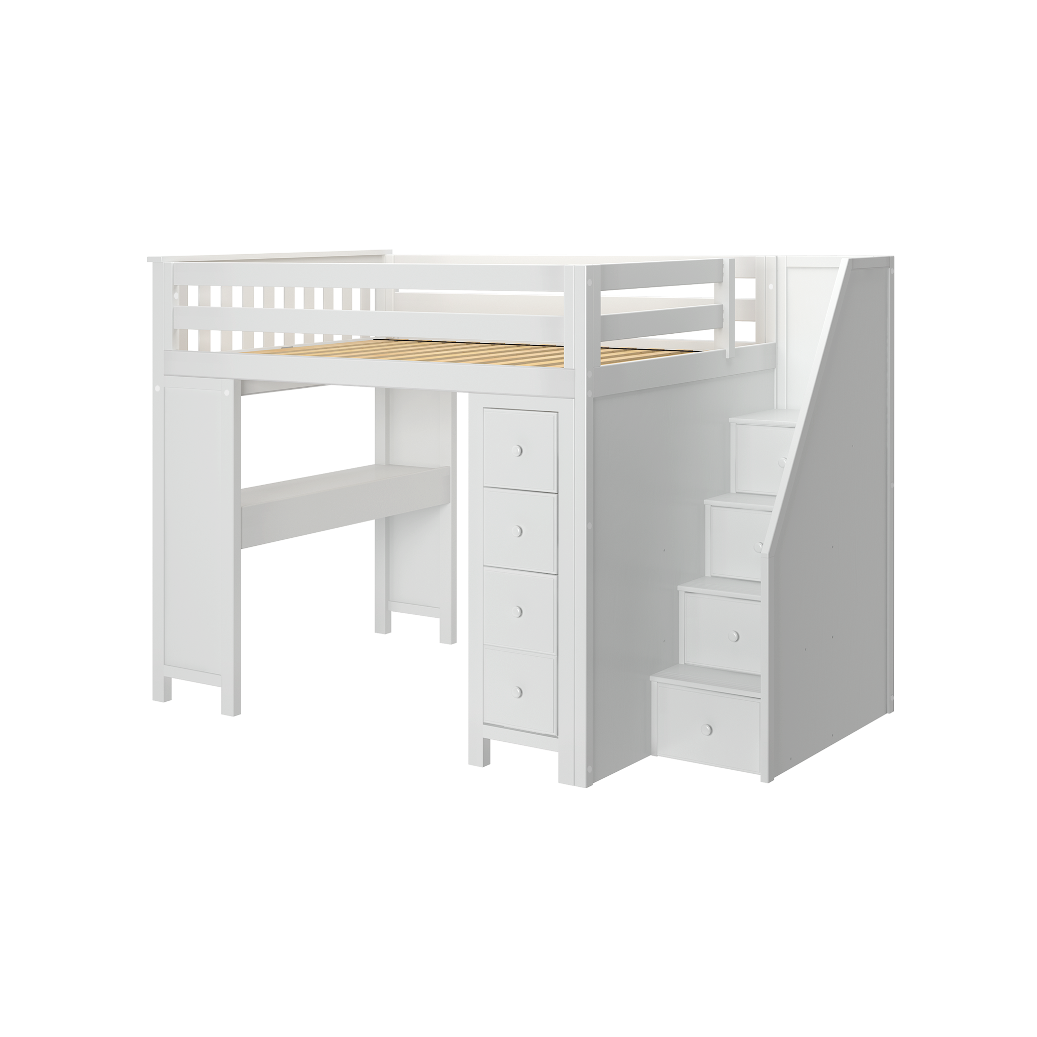 Buxton 3 - Full High Loft w/ Staircase, Dresser-Bookcase & Double-Drawer Desk - Tots to Teens Furniture