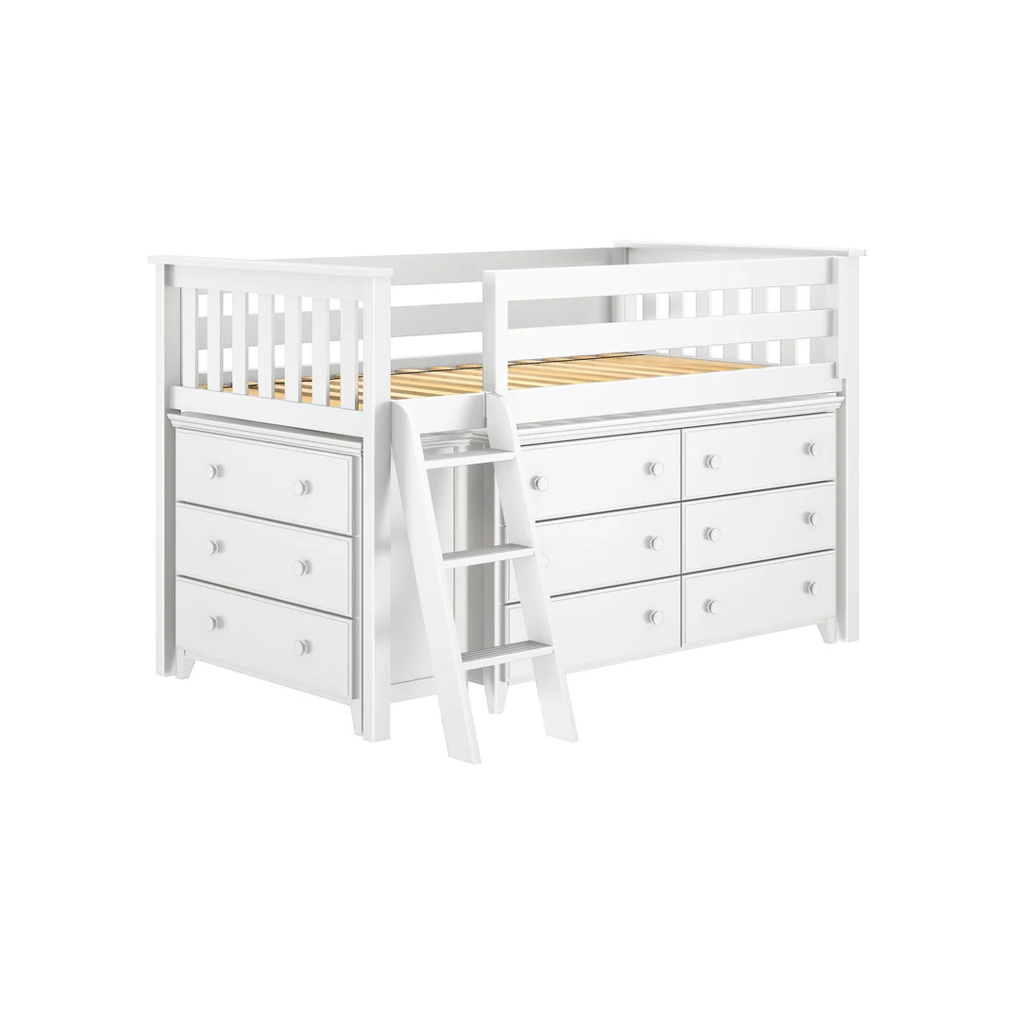 Windsor 1 - Low Loft Bed w/ Angle Ladder, 6-Drawer & 3-Drawer Dresser - Tots to Teens Furniture