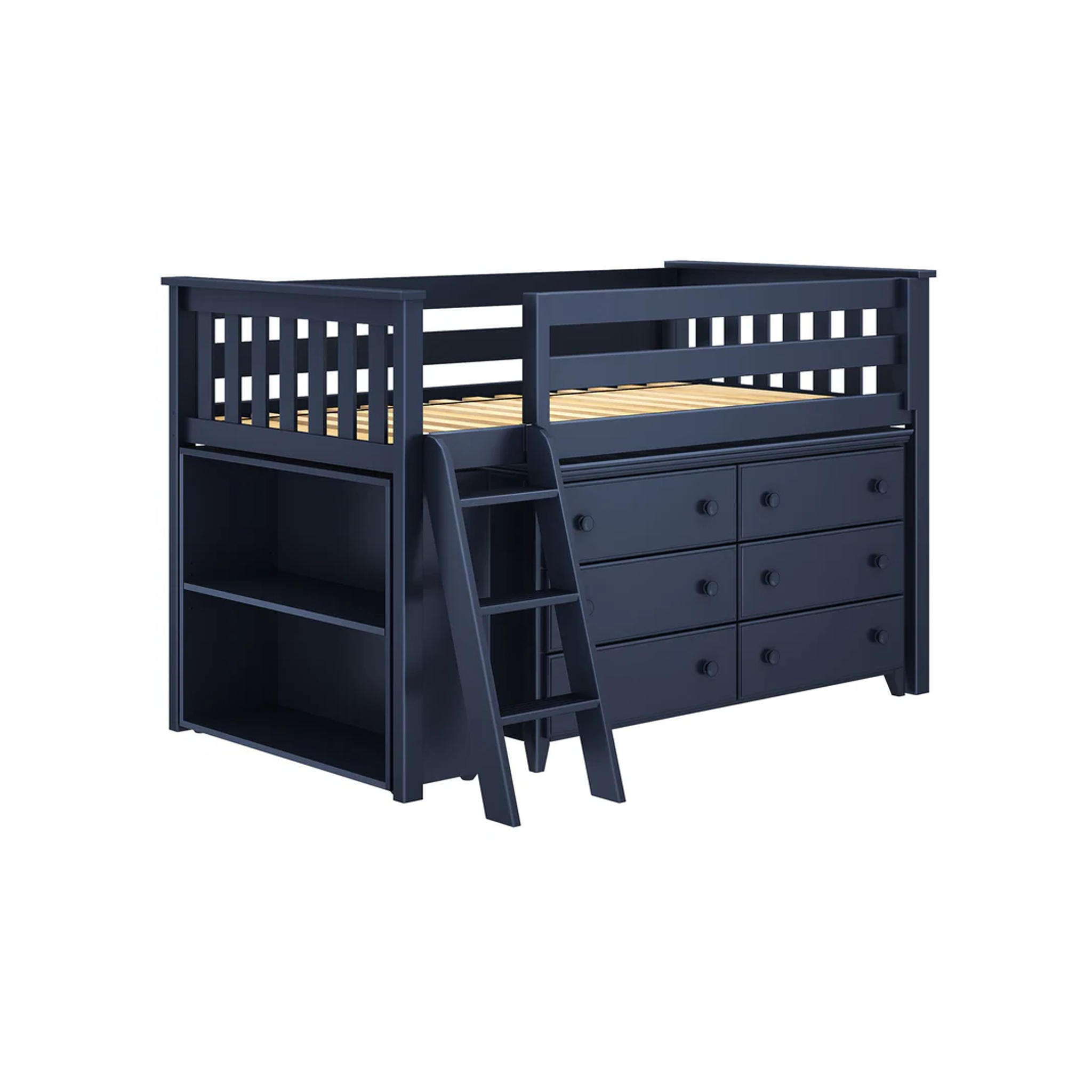 Windsor - Low Loft Bed w/ Angle Ladder, 6-Drawer Dresser & Bookcase - Tots to Teens Furniture