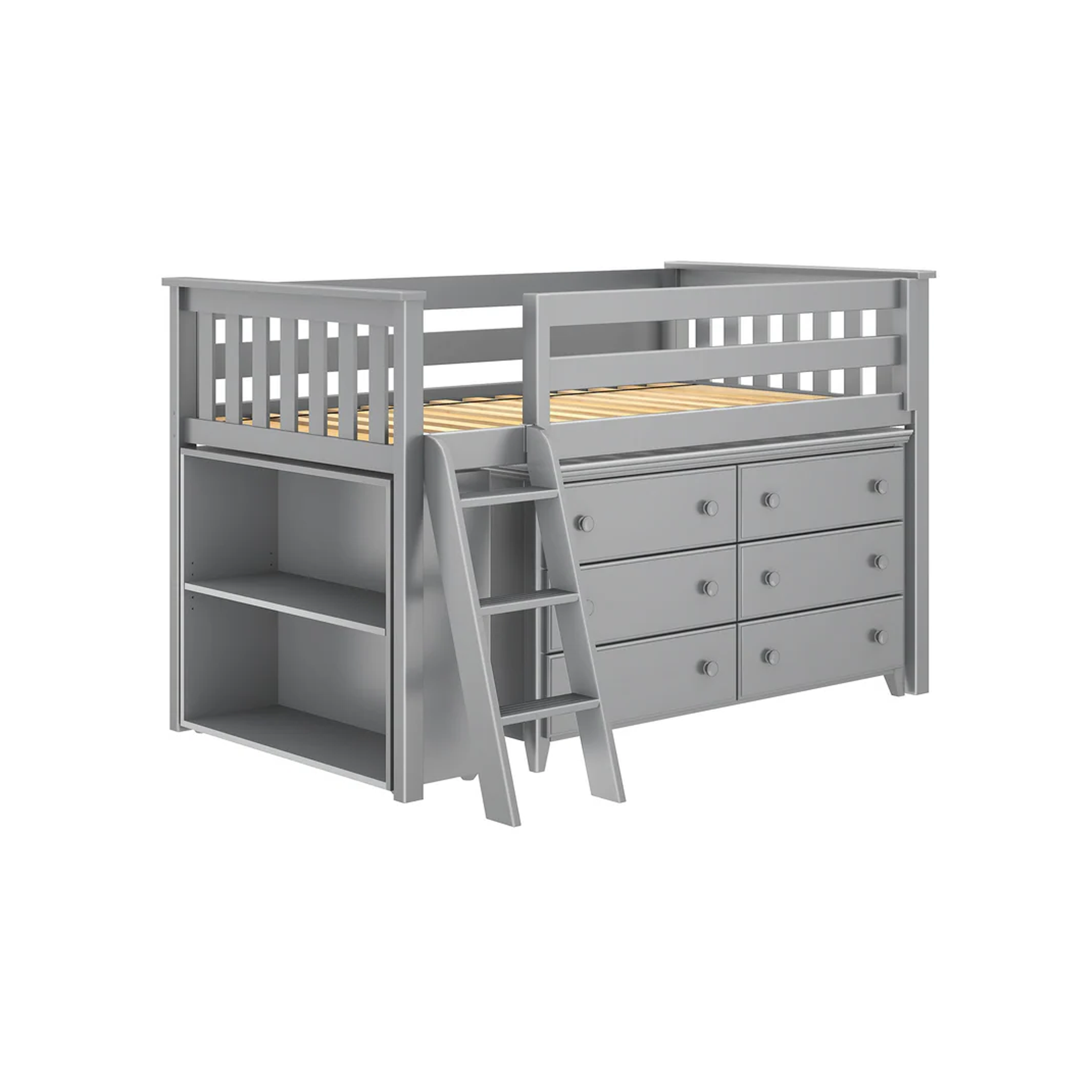 Windsor - Low Loft Bed w/ Angle Ladder, 6-Drawer Dresser & Bookcase - Tots to Teens Furniture