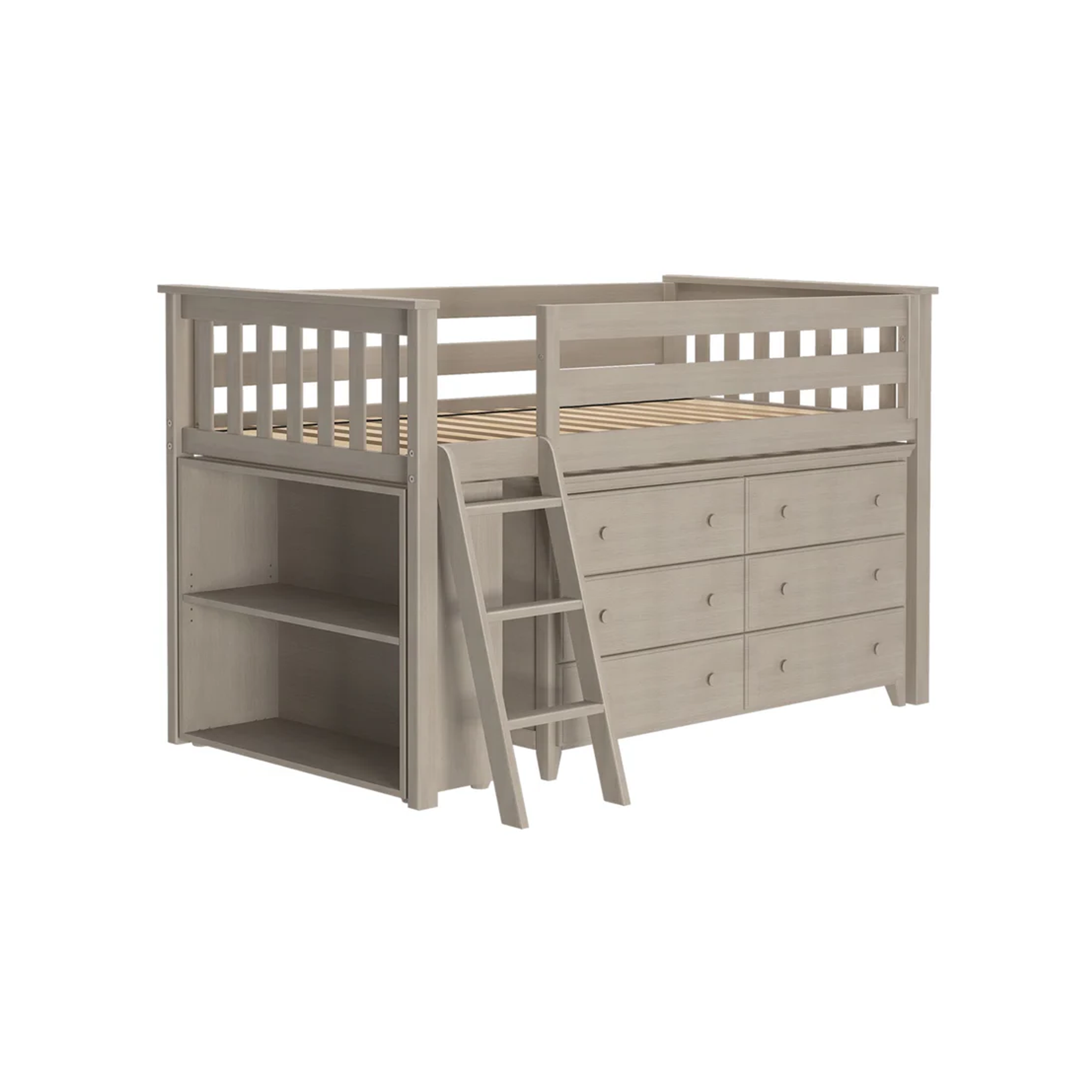 Windsor - Low Loft Bed w/ Angle Ladder, 6-Drawer Dresser & Bookcase - Tots to Teens Furniture