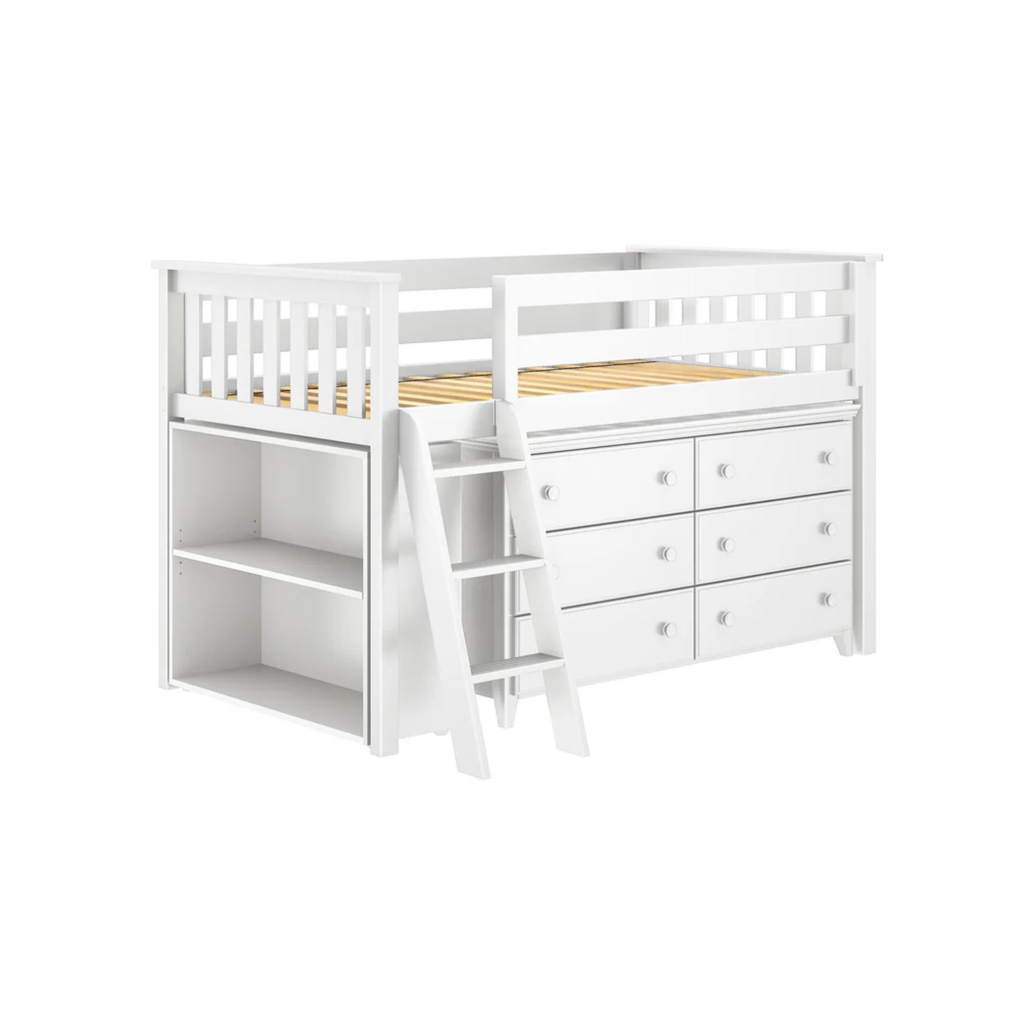Windsor - Low Loft Bed w/ Angle Ladder, 6-Drawer Dresser & Bookcase - Tots to Teens Furniture