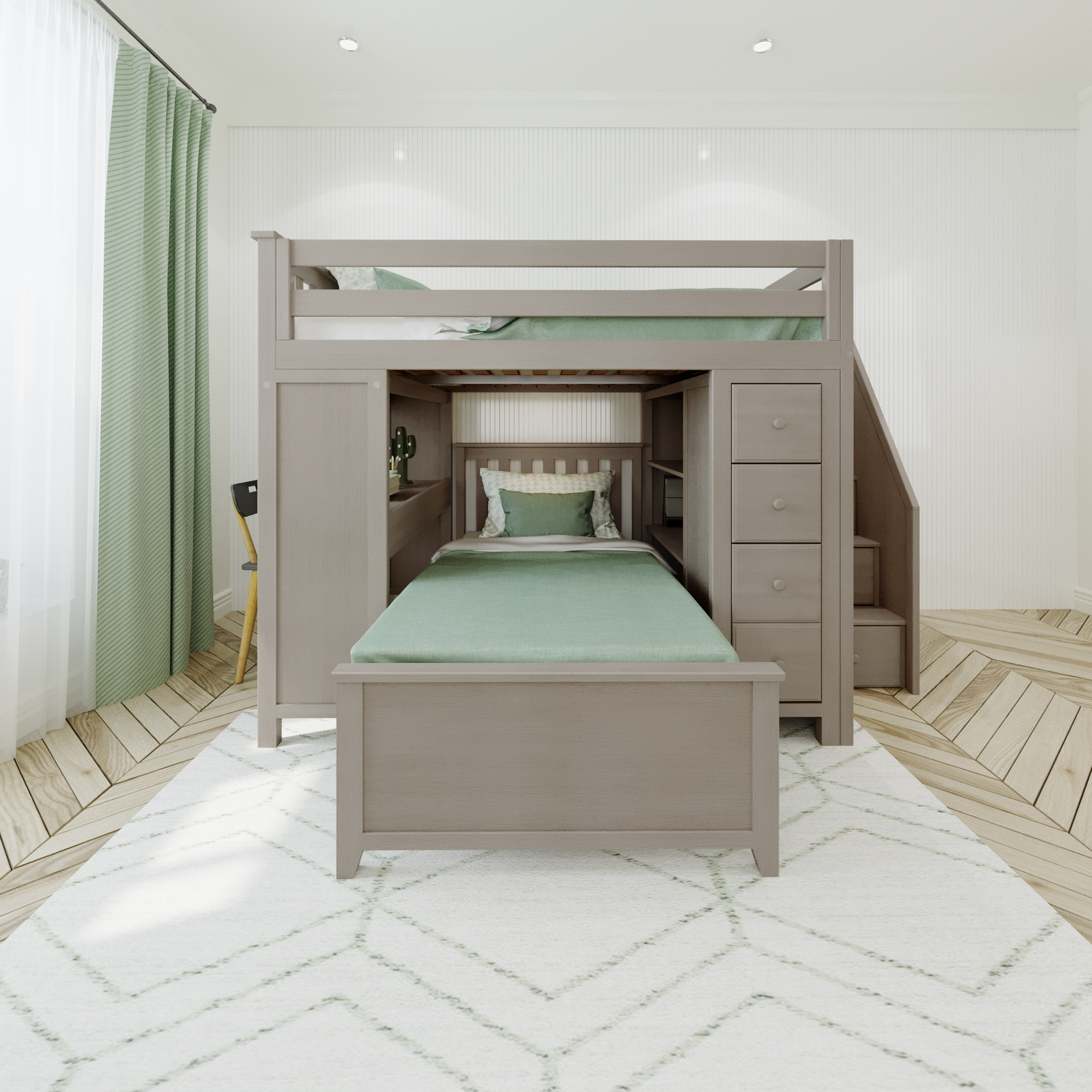 Buxton 4 - Full High Loft w/ Staircase, Dresser-Bookcase, Double-Drawer Desk & Twin Bed - Tots to Teens Furniture