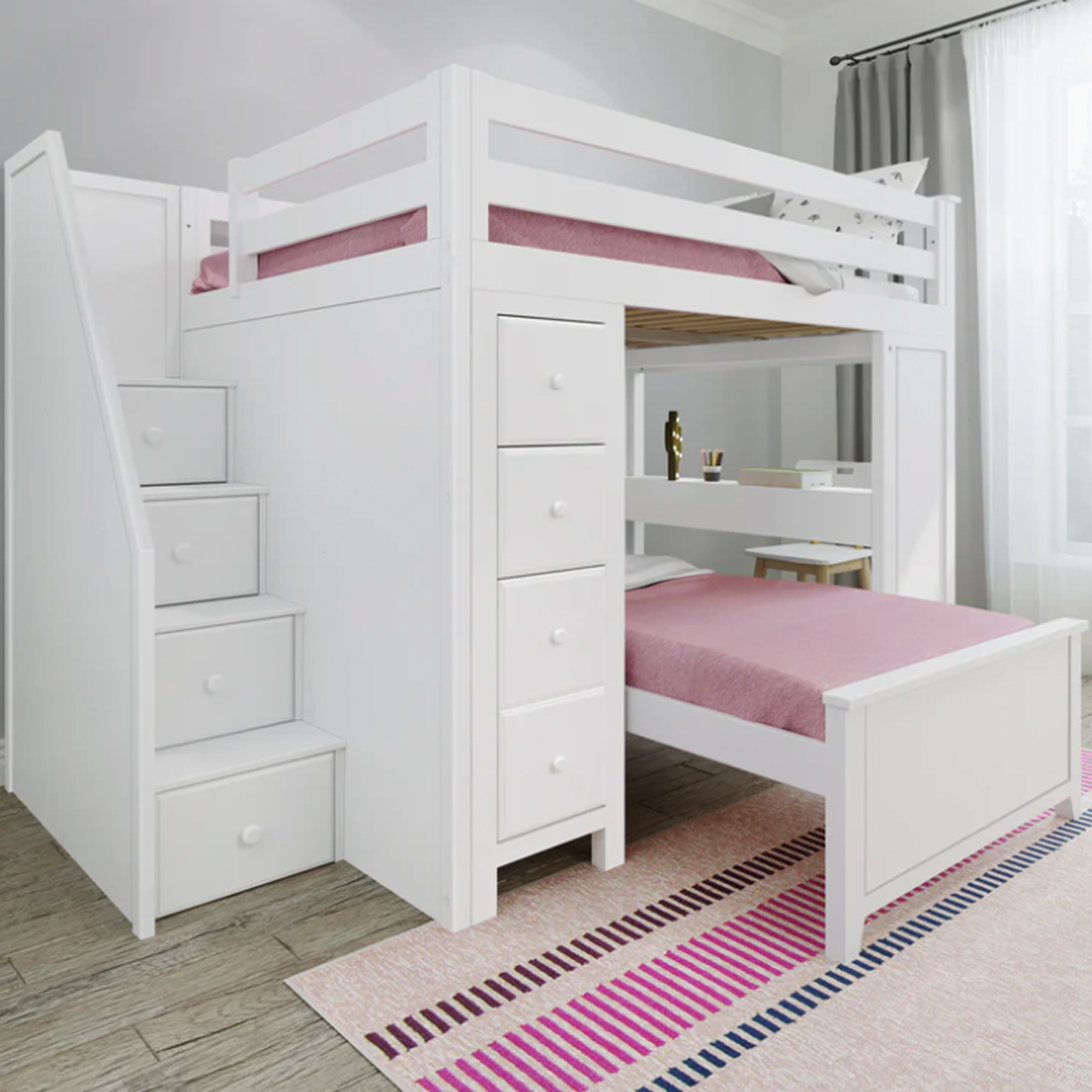 Buxton 4 - Full High Loft w/ Staircase, Dresser-Bookcase, Double-Drawer Desk & Twin Bed - Tots to Teens Furniture