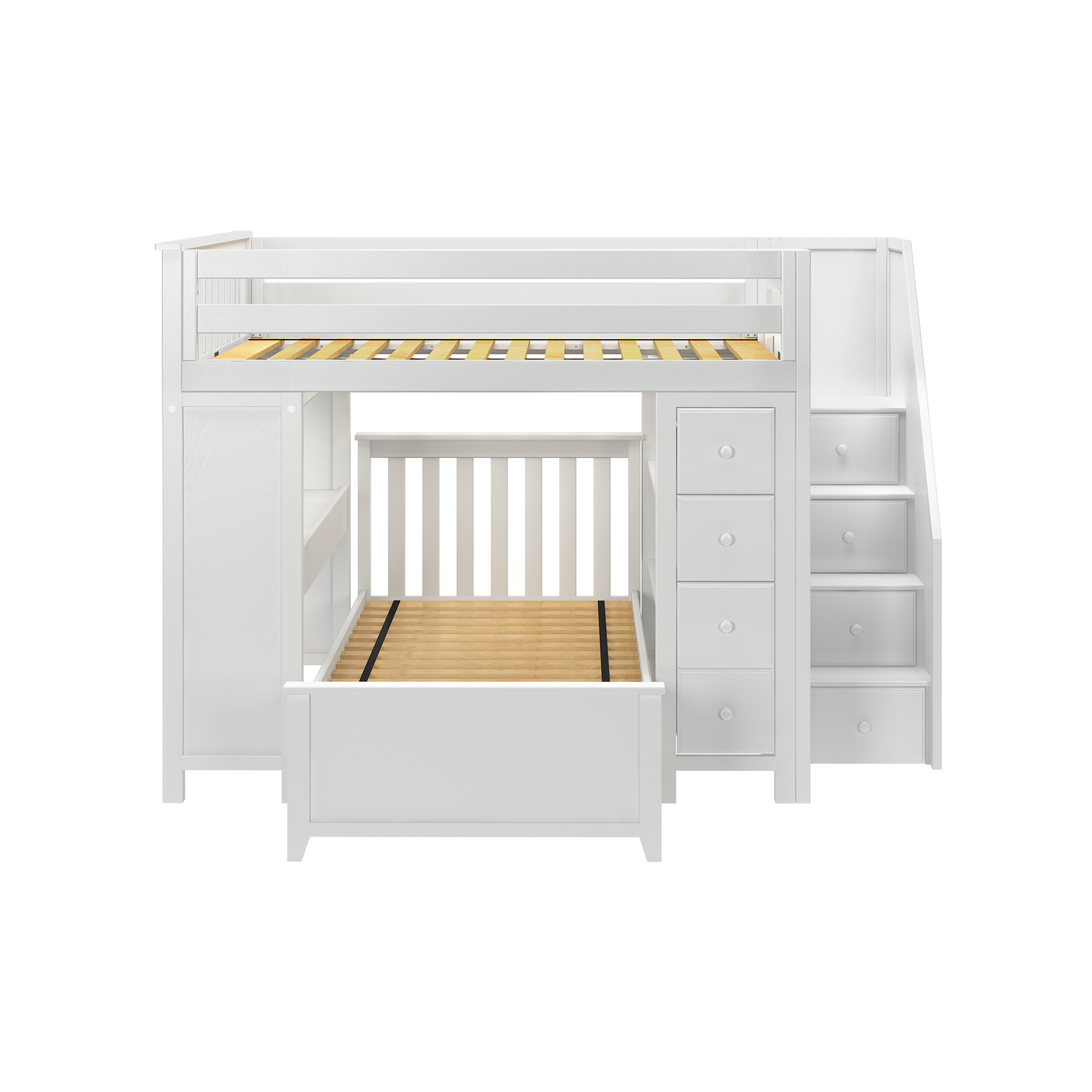Buxton 4 - Full High Loft w/ Staircase, Dresser-Bookcase, Double-Drawer Desk & Twin Bed - Tots to Teens Furniture