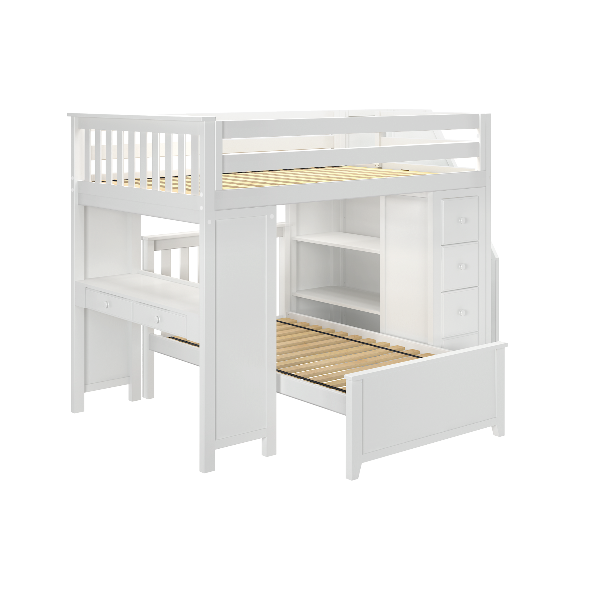 Buxton 4 - Full High Loft w/ Staircase, Dresser-Bookcase, Double-Drawer Desk & Twin Bed - Tots to Teens Furniture