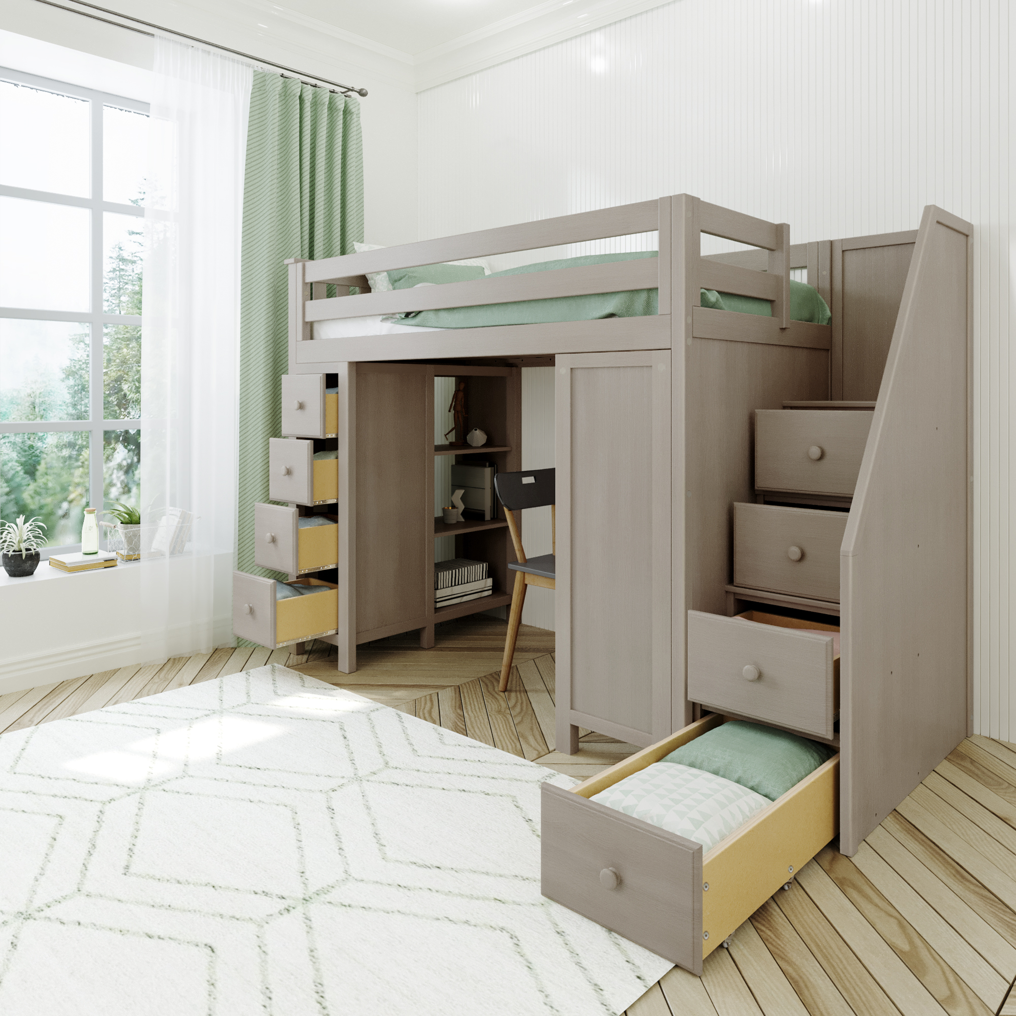 Chester 3 - Twin High Loft w/ Staircase, Dresser-Bookcase & Desk - Tots to Teens Furniture