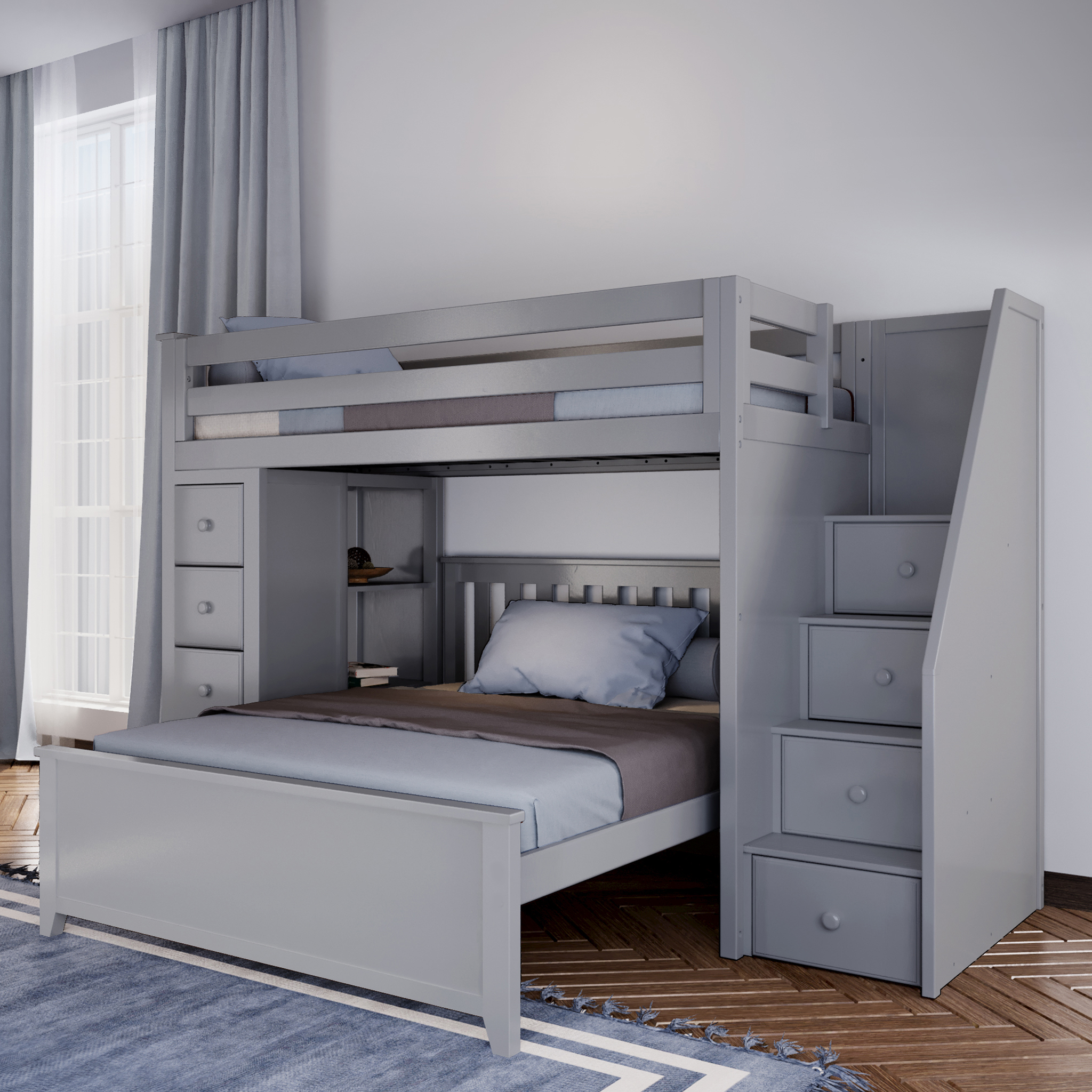 Oxford 1 - Twin High Loft w/ Staircase, Dresser-Bookcase & Full-Size bed - Tots to Teens Furniture