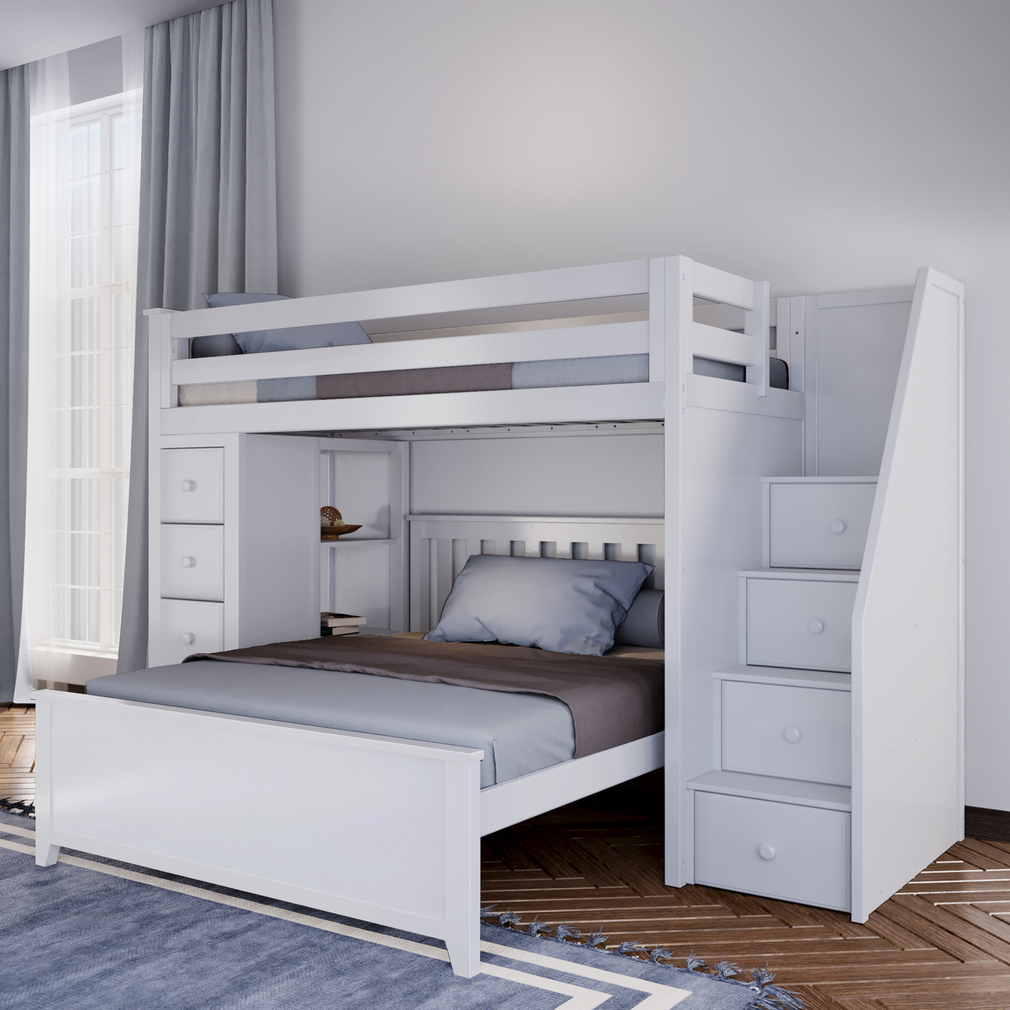 Oxford 1 - Twin High Loft w/ Staircase, Dresser-Bookcase & Full-Size bed - Tots to Teens Furniture