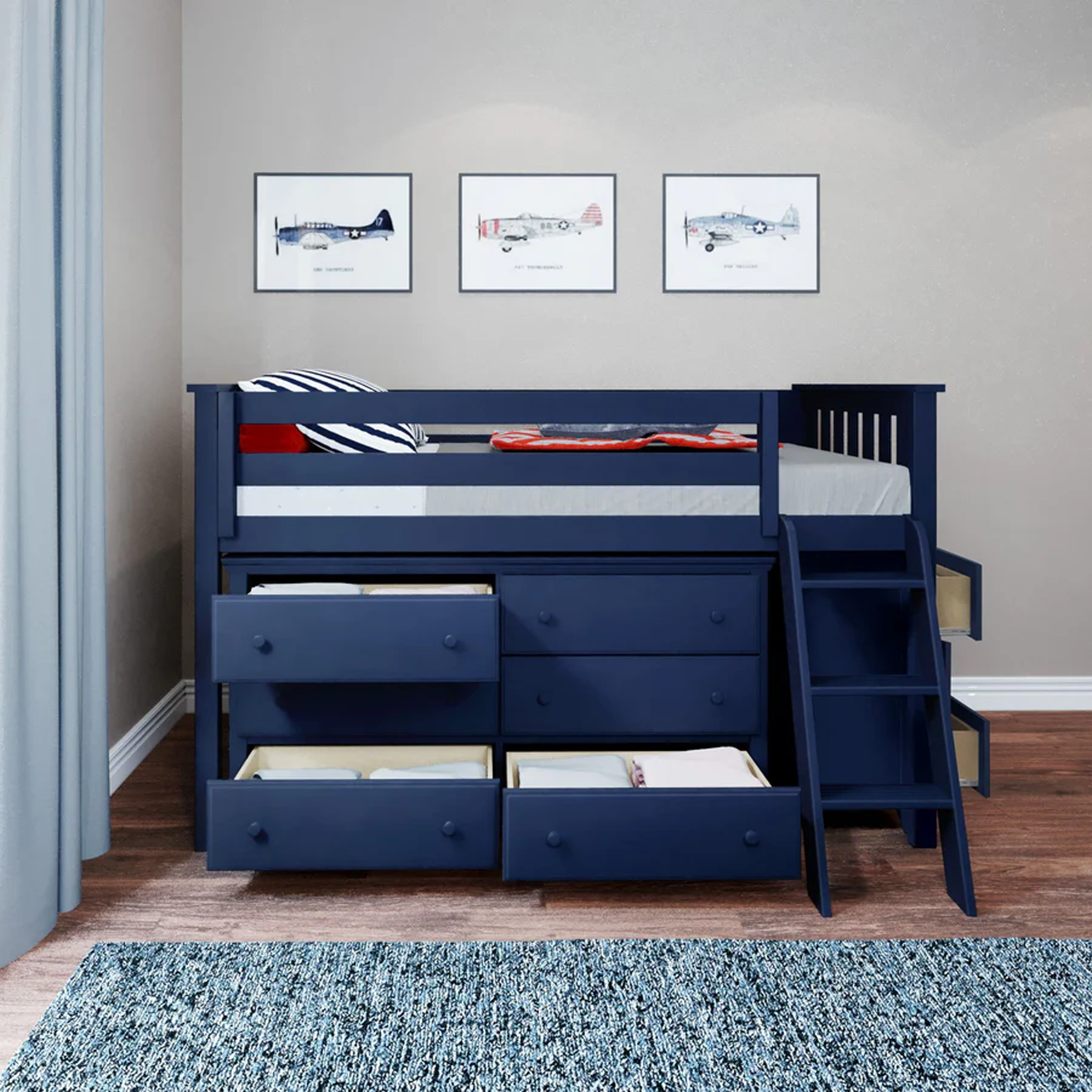 Windsor 1 - Low Loft Bed w/ Angle Ladder, 6-Drawer & 3-Drawer Dresser - Tots to Teens Furniture