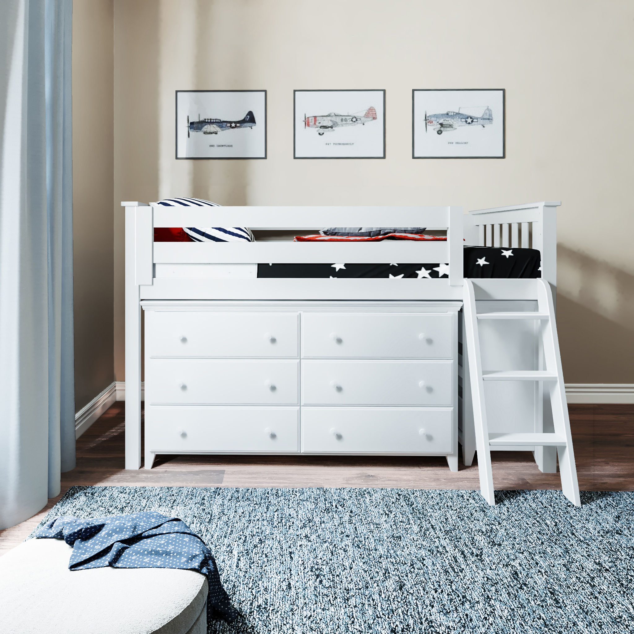 Windsor 1 - Low Loft Bed w/ Angle Ladder, 6-Drawer & 3-Drawer Dresser - Tots to Teens Furniture
