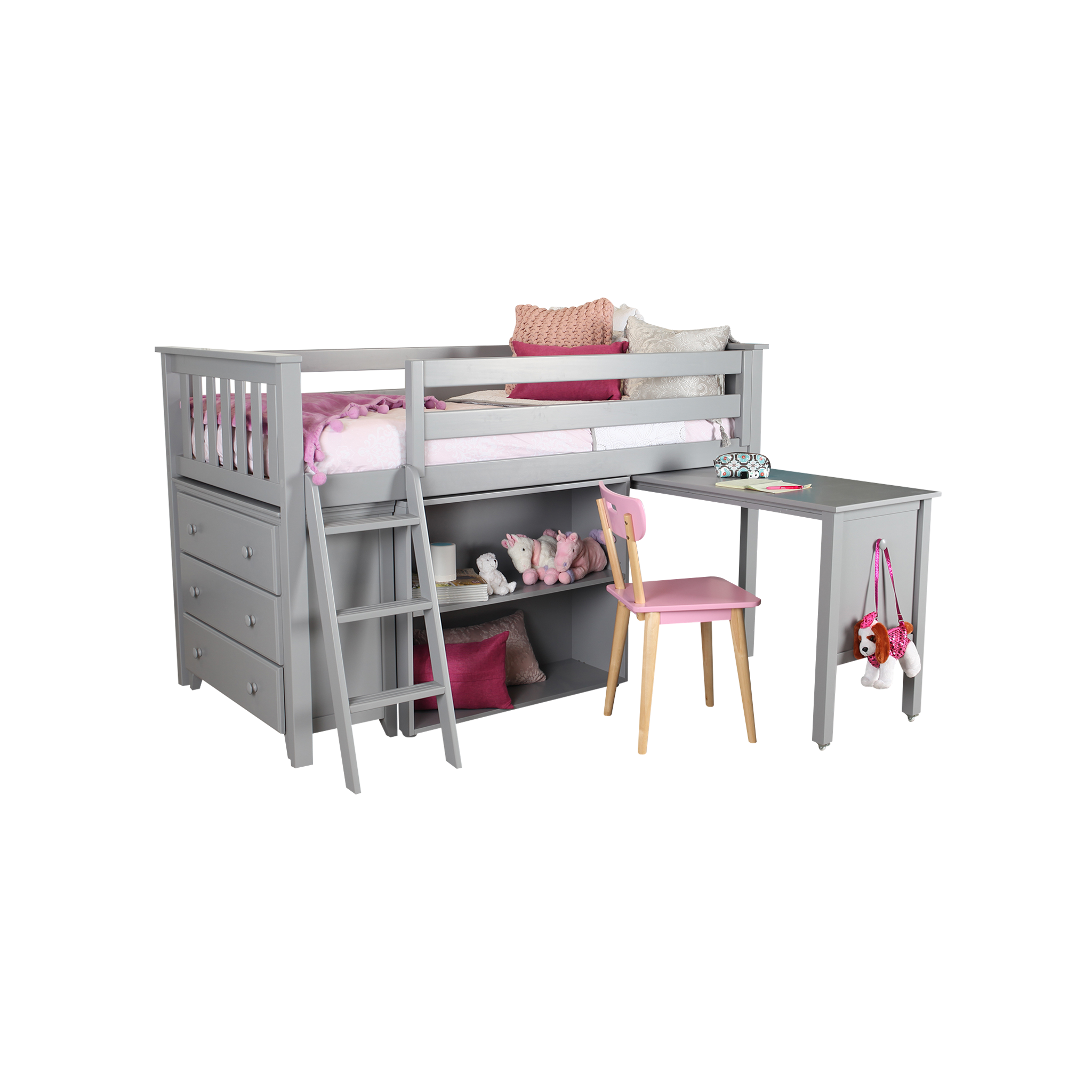 Windsor 2 - Low Loft Bed w/ Ladder, Dresser, Bookcase & Pull-out Desk - Tots to Teens Furniture