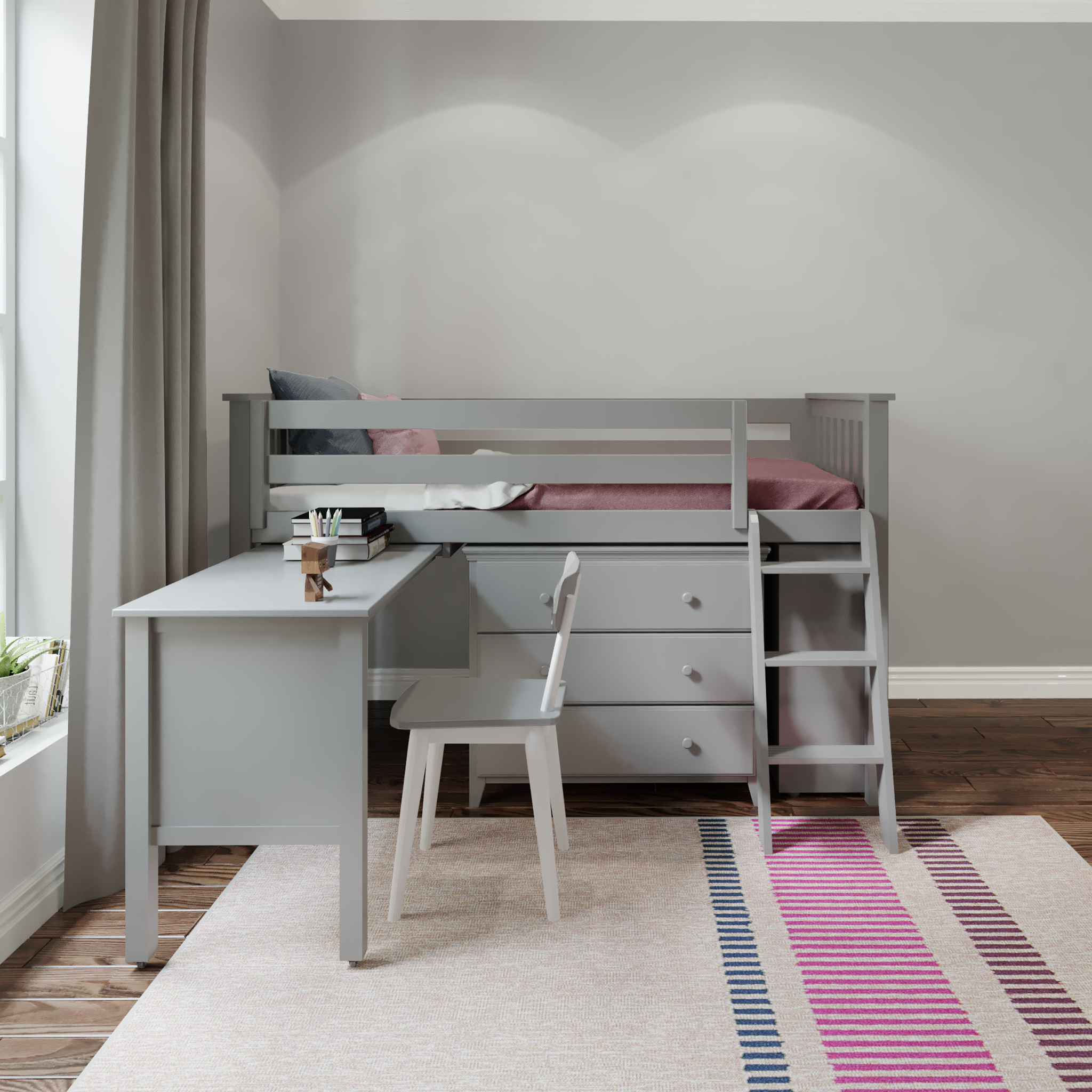 Windsor 2 - Low Loft Bed w/ Ladder, Dresser, Bookcase & Pull-out Desk - Tots to Teens Furniture