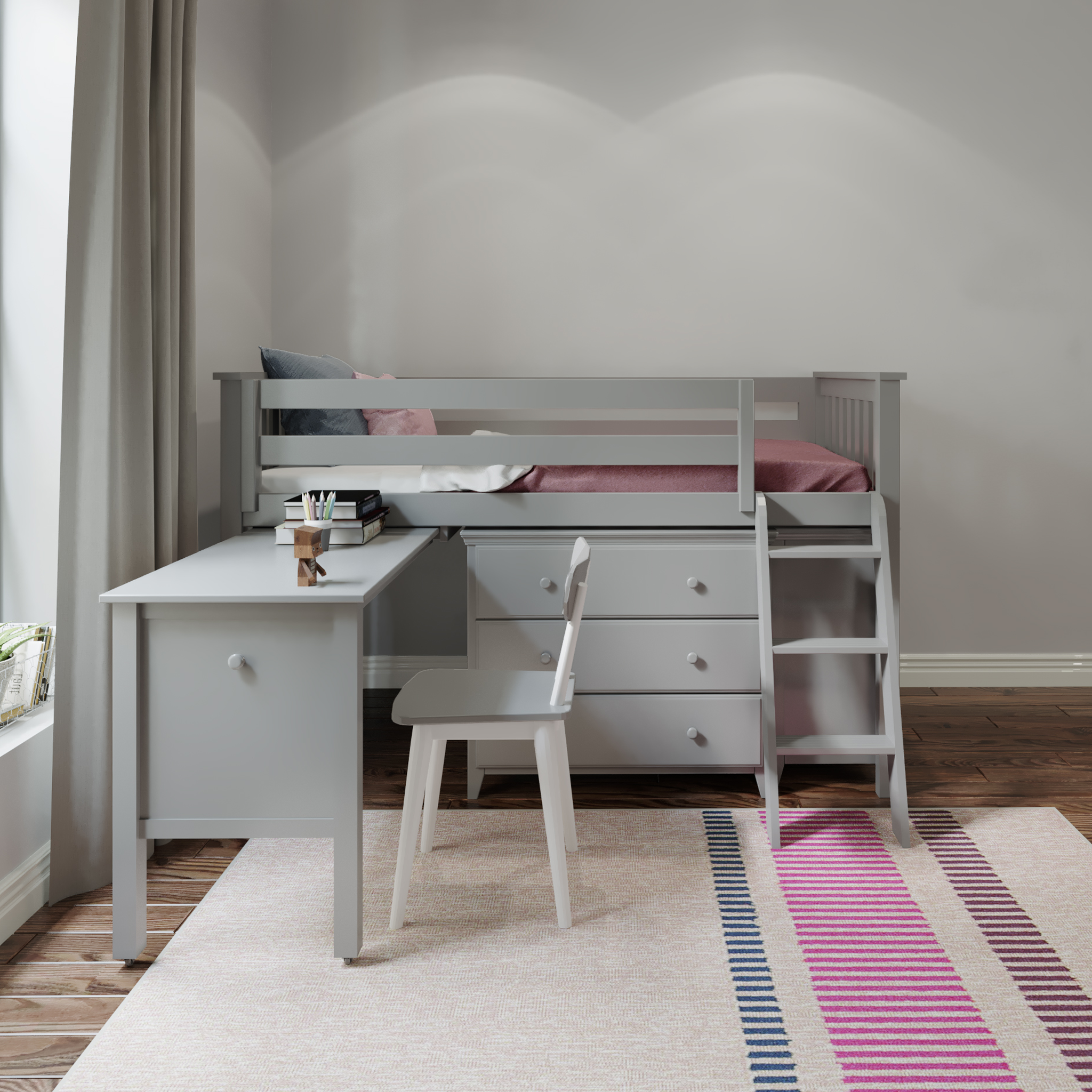 Windsor 3 - Low Loft Bed w/ Ladder, 2 Dressers & Pull-out Desk - Tots to Teens Furniture