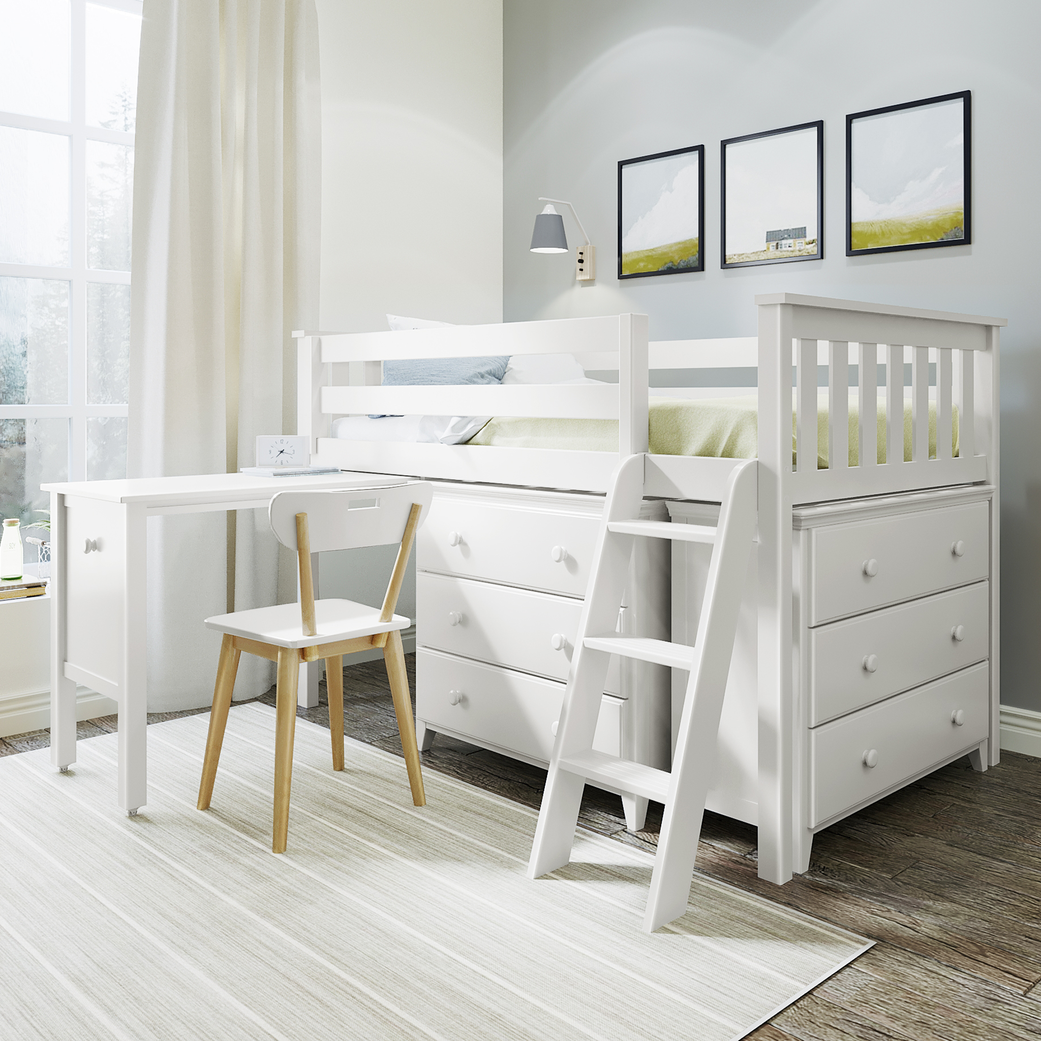Windsor 3 - Low Loft Bed w/ Ladder, 2 Dressers & Pull-out Desk - Tots to Teens Furniture