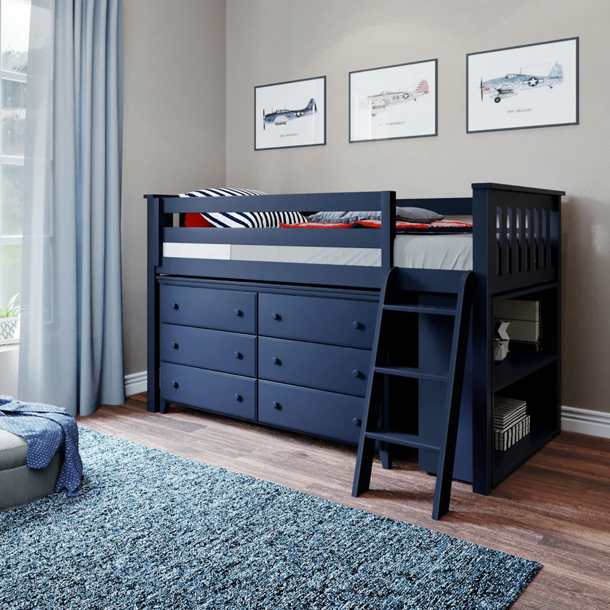 Windsor - Low Loft Bed w/ Angle Ladder, 6-Drawer Dresser & Bookcase - Tots to Teens Furniture