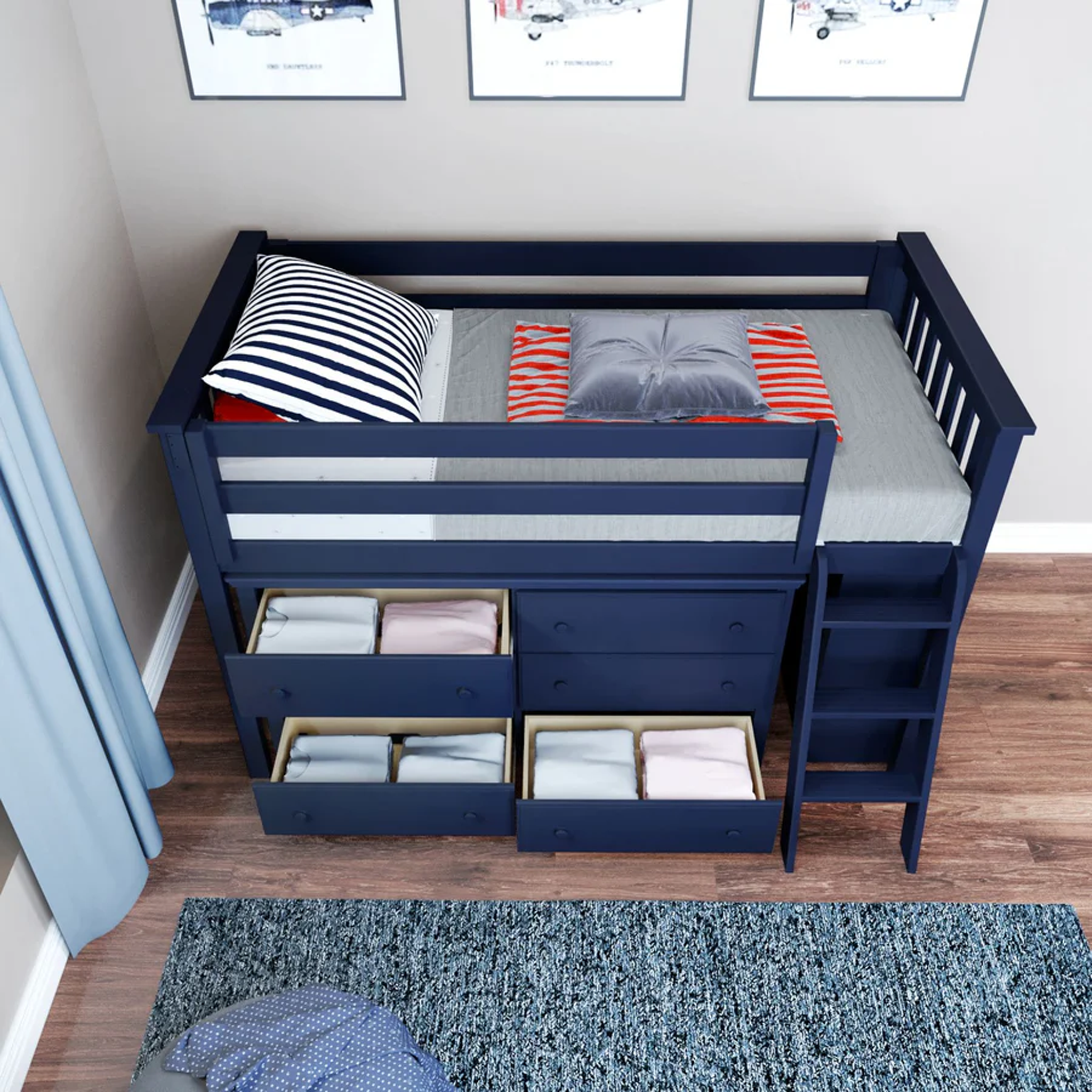 Windsor - Low Loft Bed w/ Angle Ladder, 6-Drawer Dresser & Bookcase - Tots to Teens Furniture
