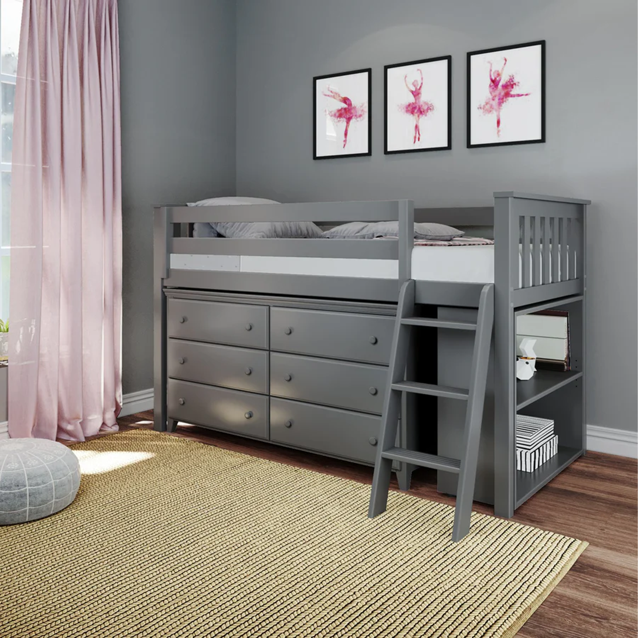 Windsor - Low Loft Bed w/ Angle Ladder, 6-Drawer Dresser & Bookcase - Tots to Teens Furniture