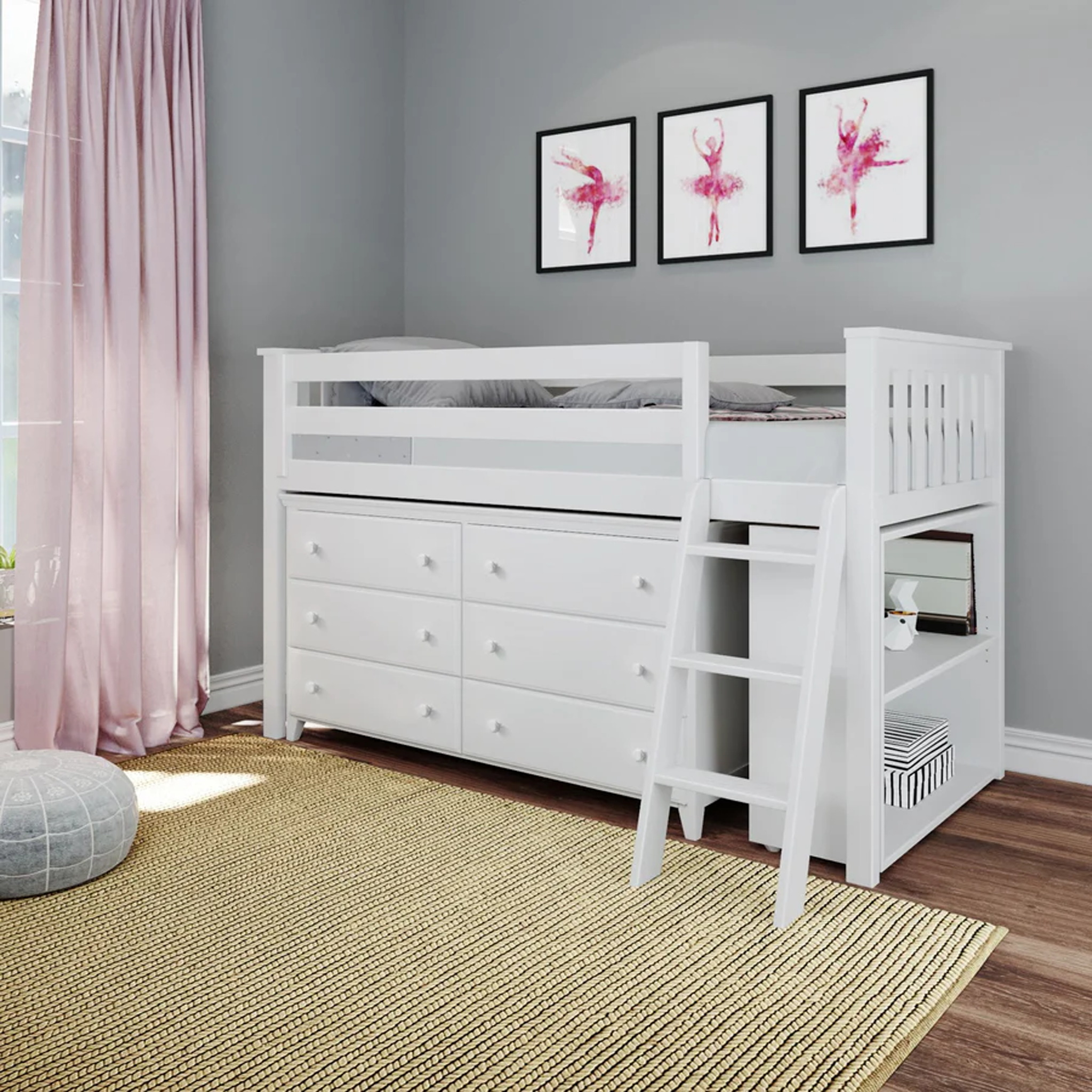 Windsor - Low Loft Bed w/ Angle Ladder, 6-Drawer Dresser & Bookcase - Tots to Teens Furniture