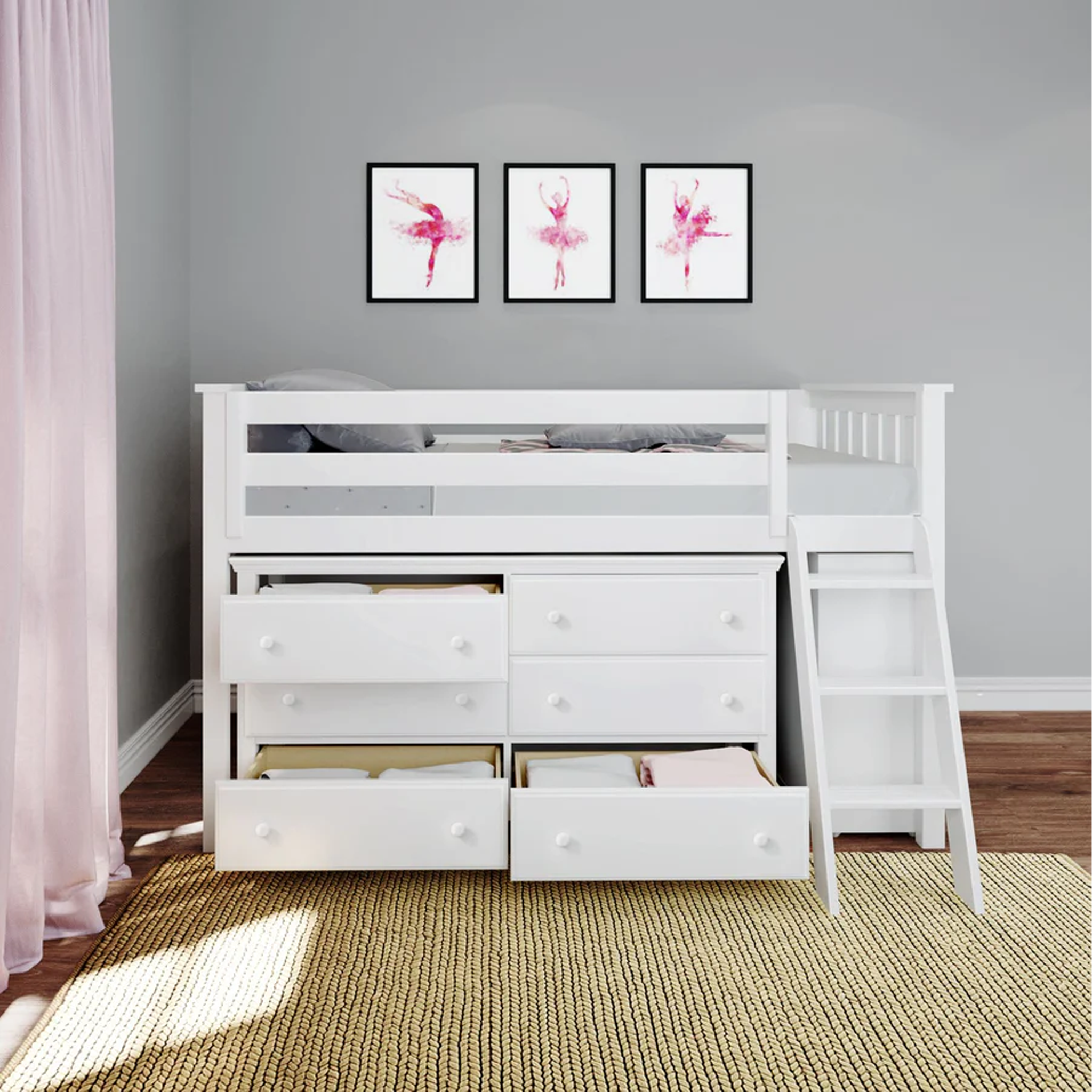 Windsor - Low Loft Bed w/ Angle Ladder, 6-Drawer Dresser & Bookcase - Tots to Teens Furniture