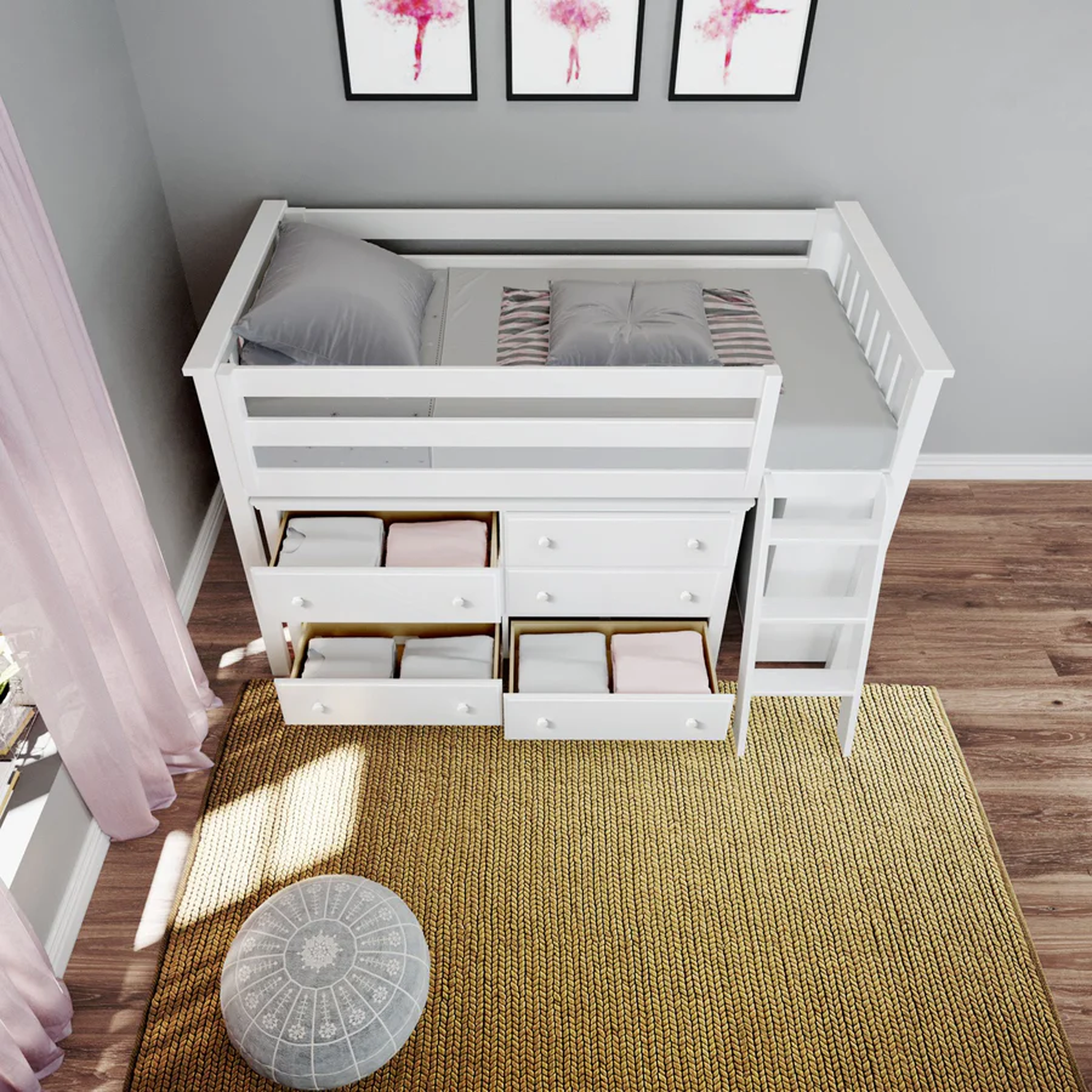 Windsor - Low Loft Bed w/ Angle Ladder, 6-Drawer Dresser & Bookcase - Tots to Teens Furniture