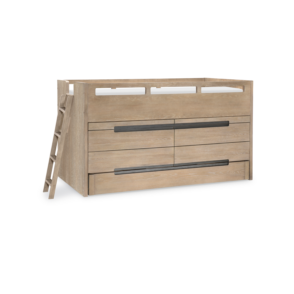A twin captains bed with a weathered oak finish, featuring a high headboard and built-in storage drawers.