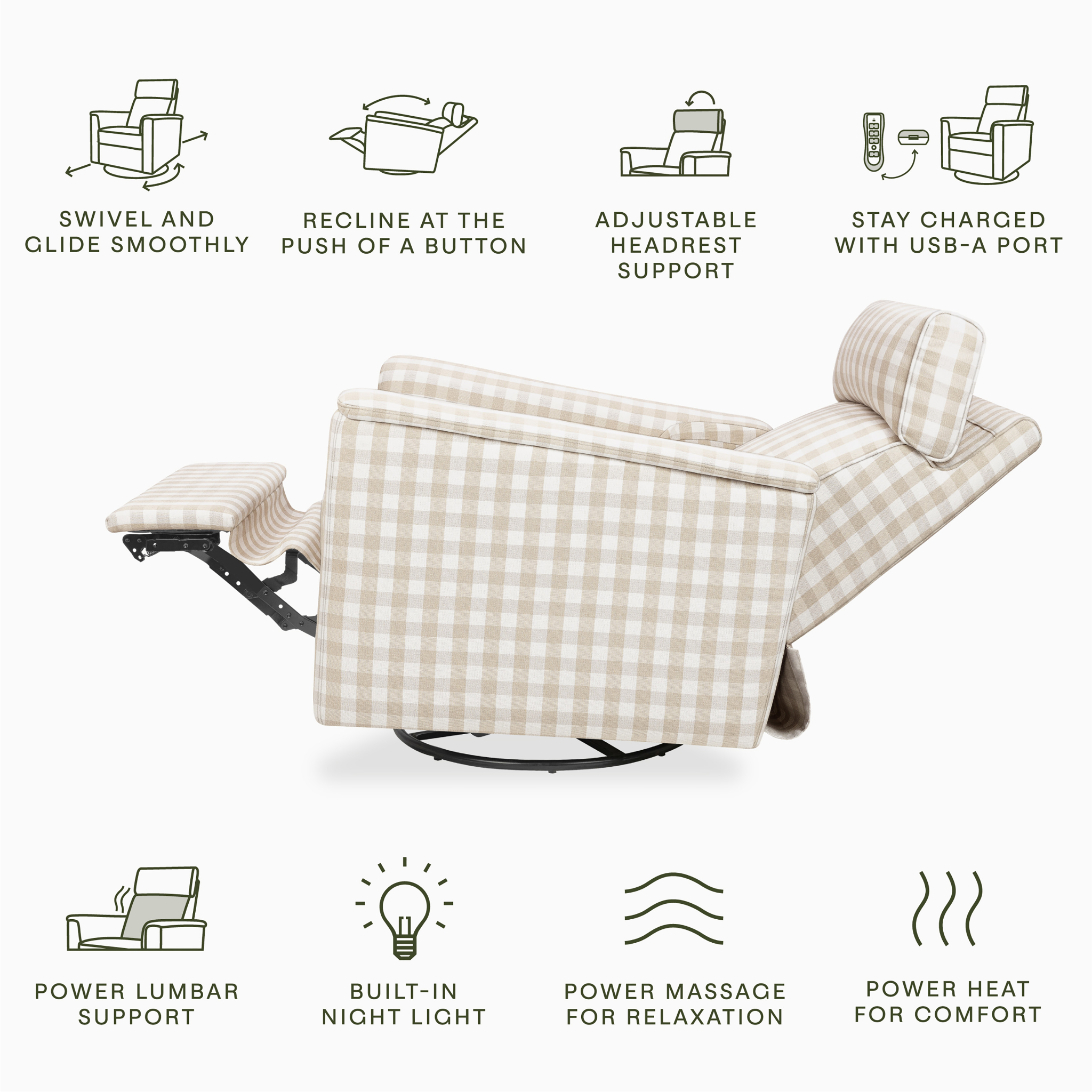 Willa Deluxe Power Recliner and Swivel Glider with Heat and Massage - Tots to Teens Furniture