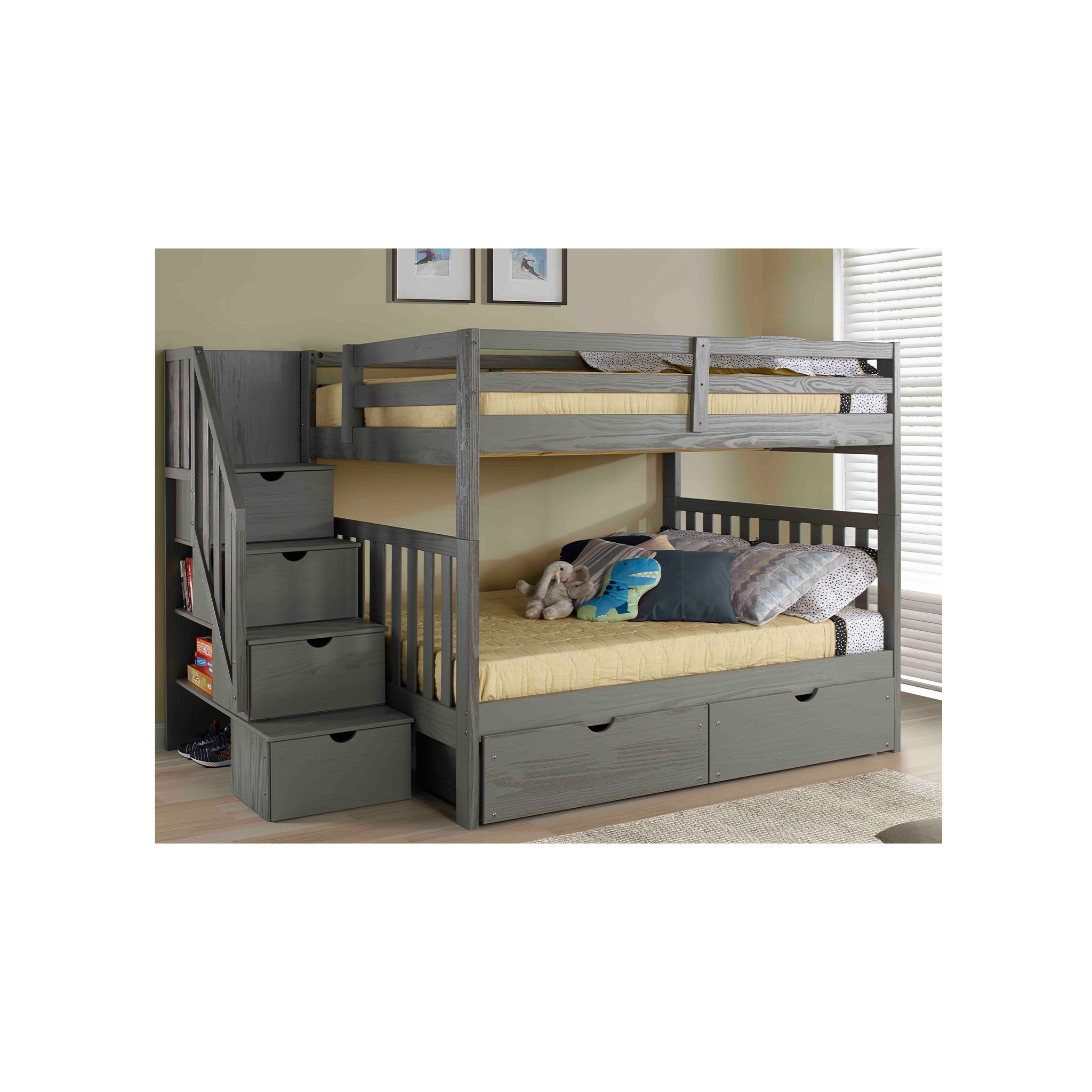 Oxford Full Over Full Staircase Bunk Bed in Wire Brushed Gray - Tots to Teens Furniture