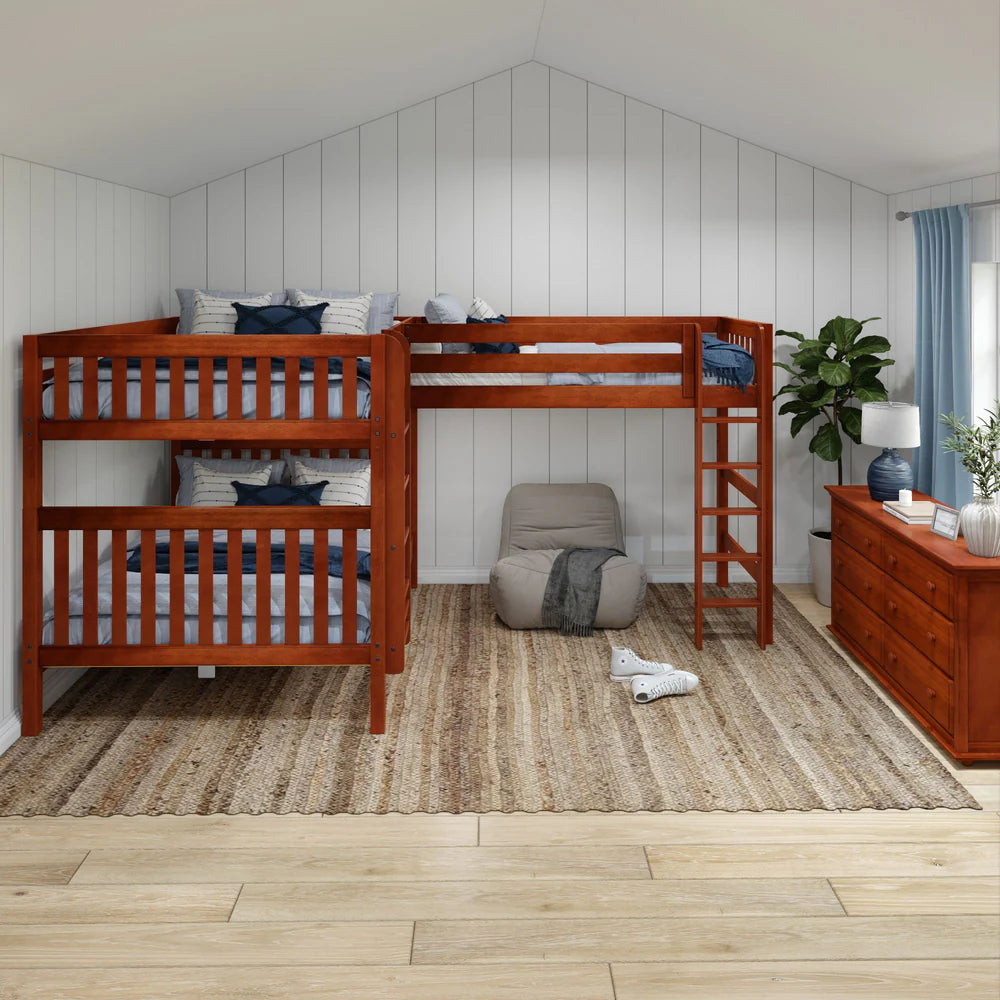 High Corner Triple Loft Bunk Bed Queen + Twin XL Straight Ladders Front - Tots to Teens Furniture