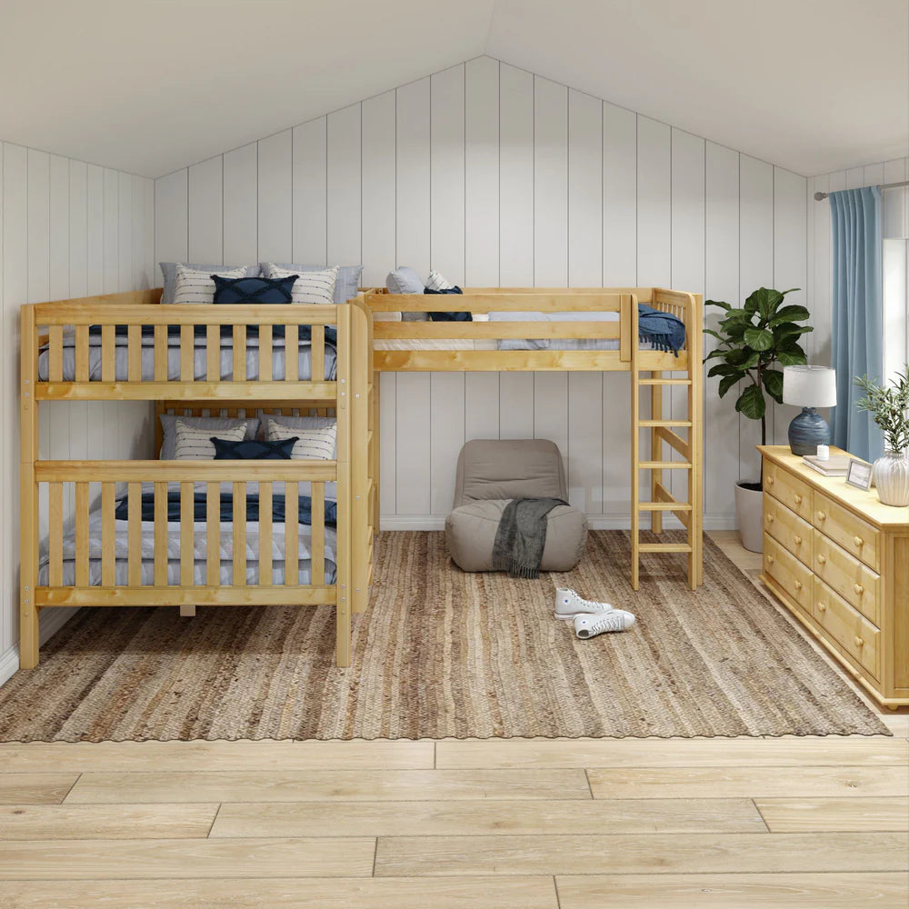 High Corner Triple Loft Bunk Bed Queen + Twin XL Straight Ladders Front - Tots to Teens Furniture