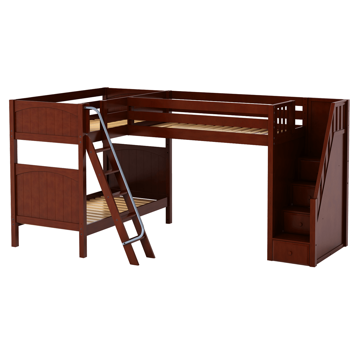 High Corner Triple Loft Bunk with Stairs and Angled Ladder Bunks - Tots to Teens Furniture