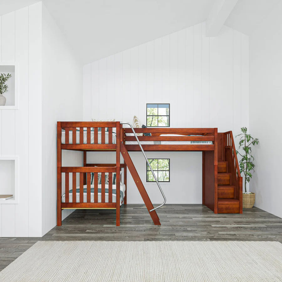 High Corner Triple Loft Bunk with Stairs and Angled Ladder Bunks - Tots to Teens Furniture