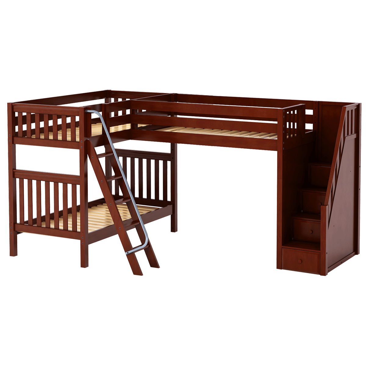 High Corner Triple Loft Bunk with Stairs and Angled Ladder Bunks - Tots to Teens Furniture