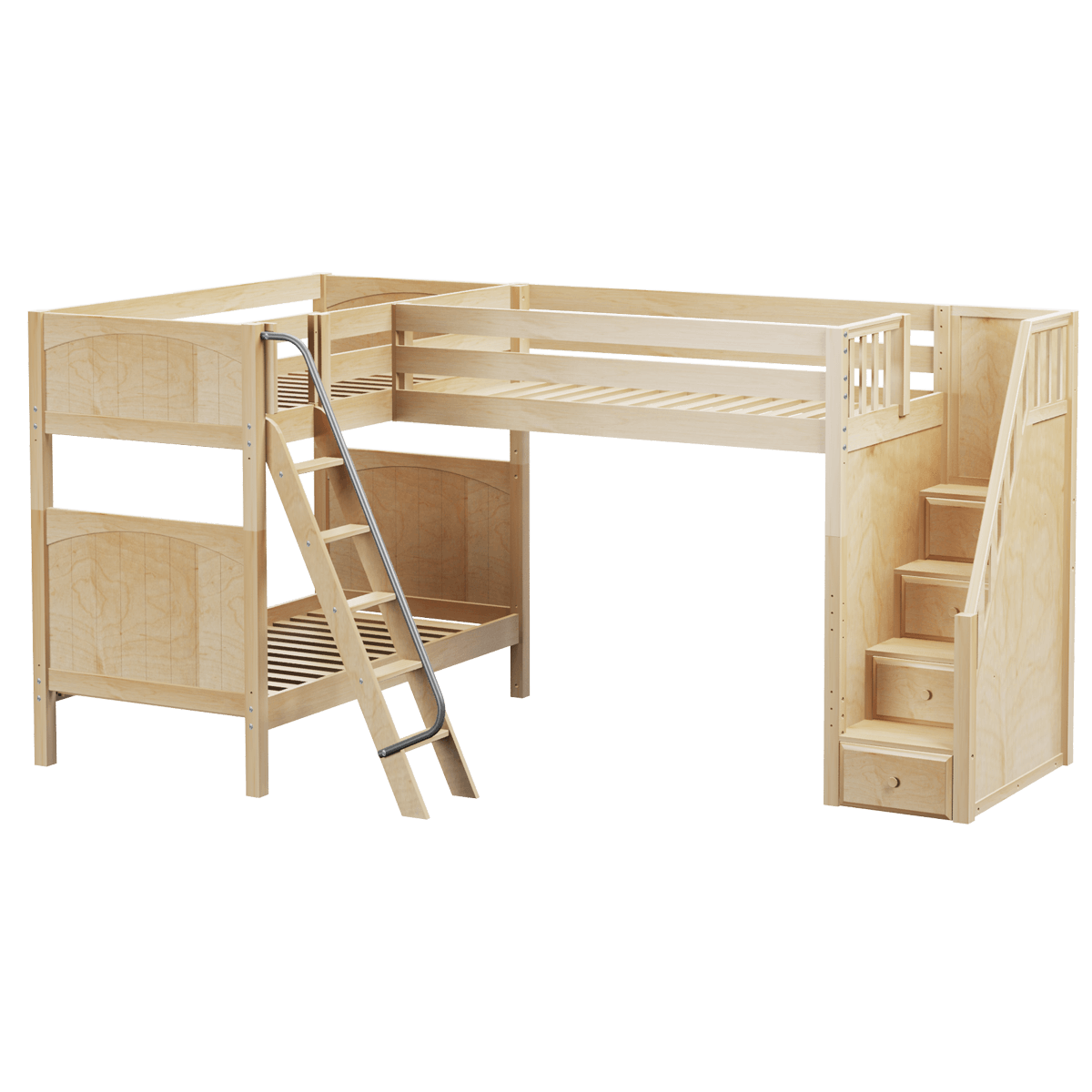High Corner Triple Loft Bunk with Stairs and Angled Ladder Bunks - Tots to Teens Furniture