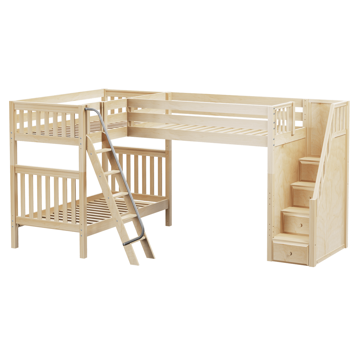 High Corner Triple Loft Bunk with Stairs and Angled Ladder Bunks - Tots to Teens Furniture