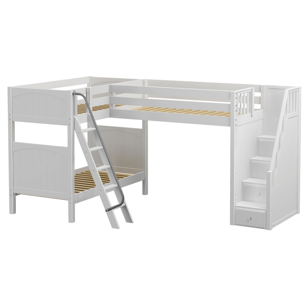 High Corner Triple Loft Bunk with Stairs and Angled Ladder Bunks - Tots to Teens Furniture