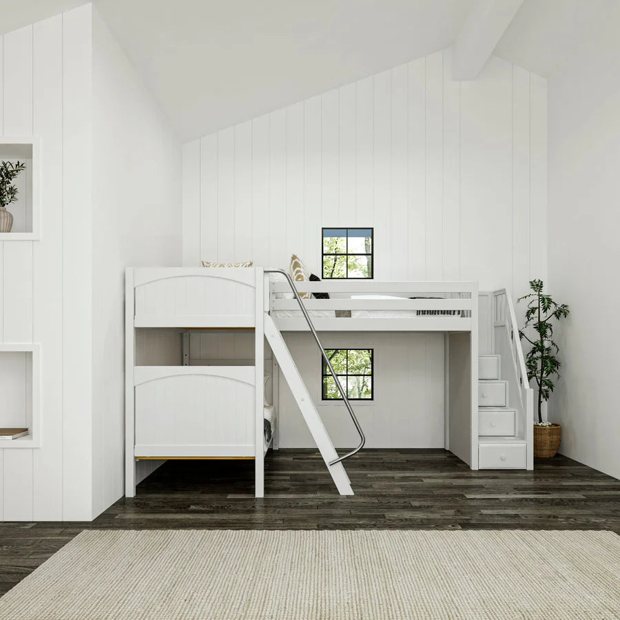 High Corner Triple Loft Bunk with Stairs and Angled Ladder Bunks - Tots to Teens Furniture