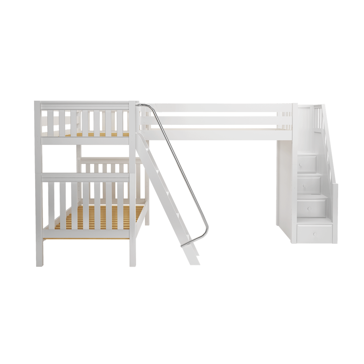 High Corner Triple Loft Bunk with Stairs and Angled Ladder Bunks - Tots to Teens Furniture