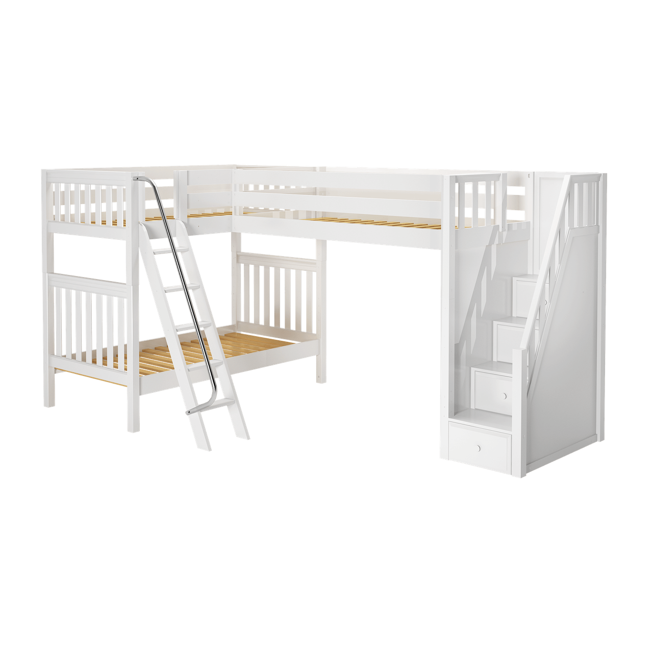 High Corner Triple Loft Bunk with Stairs and Angled Ladder Bunks - Tots to Teens Furniture