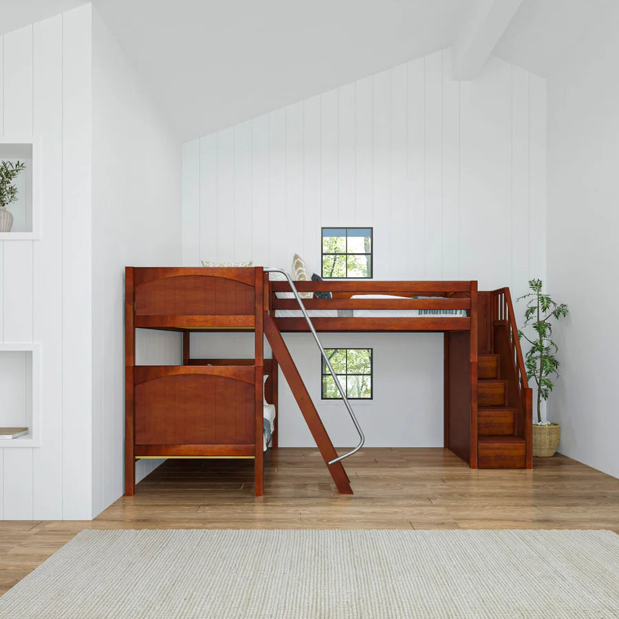 High Corner Triple Loft Bunk with Stairs and Angled Ladder Bunks - Tots to Teens Furniture
