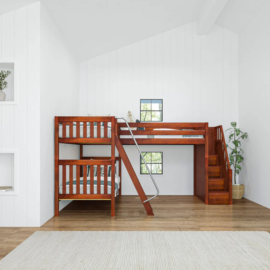 High Corner Triple Loft Bunk with Stairs and Angled Ladder Bunks - Tots to Teens Furniture